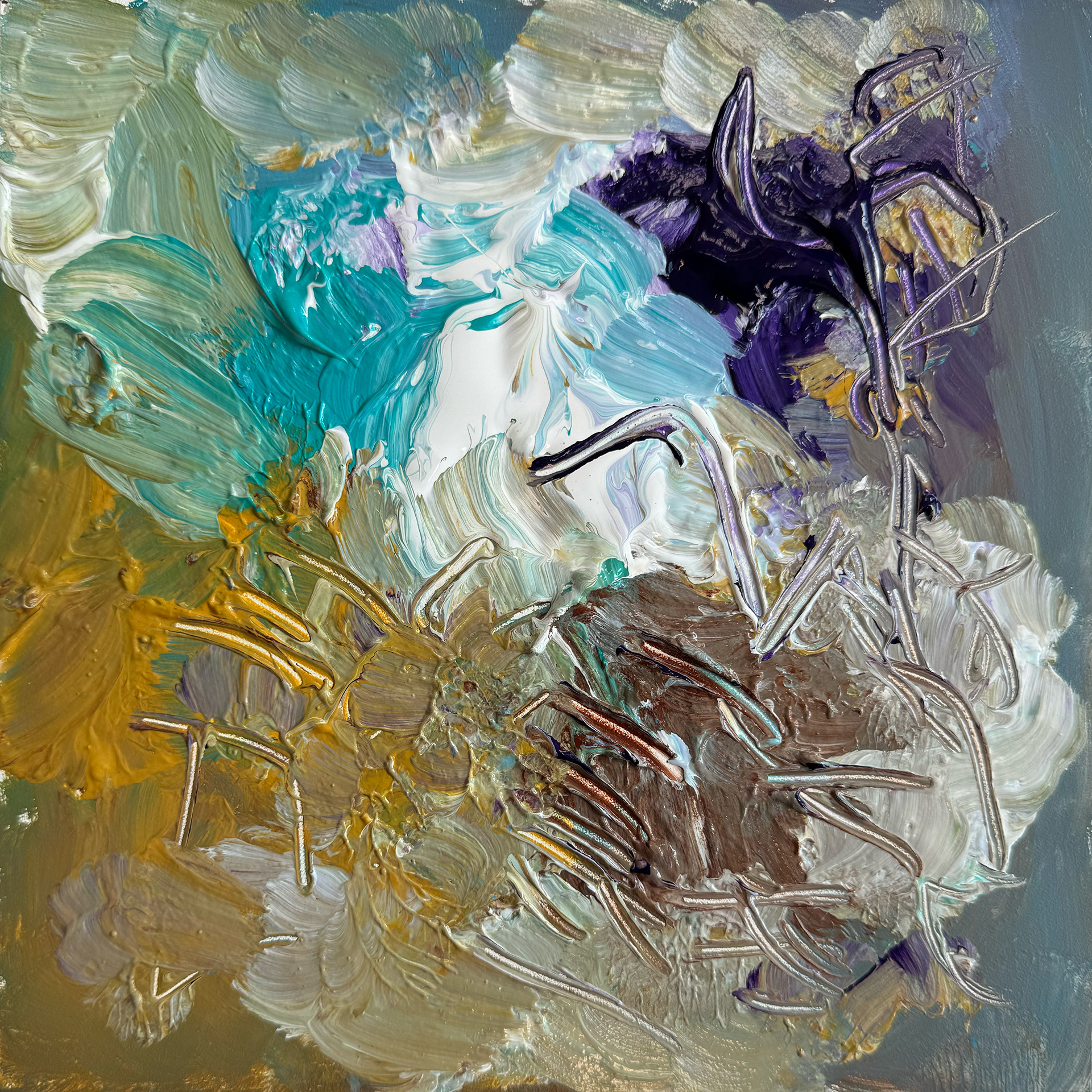 Monique’s Palette Painting resulting from the Art Dialogue with JoAnn, 2024, acrylic paint on gesso board, 8 x 8 in.