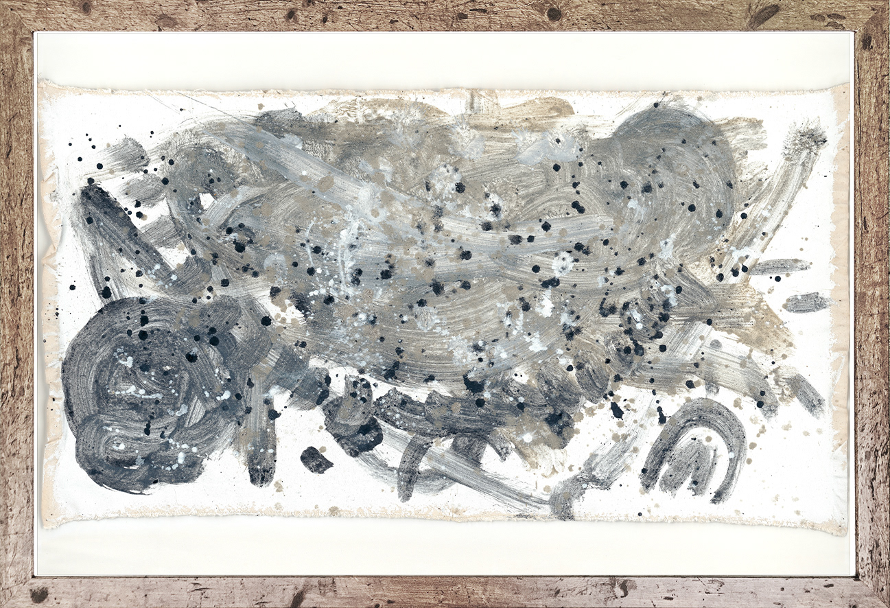 Dialogue with Bohdi Painting, 2017, painting resulting from participatory action with Bohdi, ash, charcoal and acrylic on canvas in a wooden frame, 24"x 36" (canvas dimensions: 19"x 36"). It belongs to Bohdi.