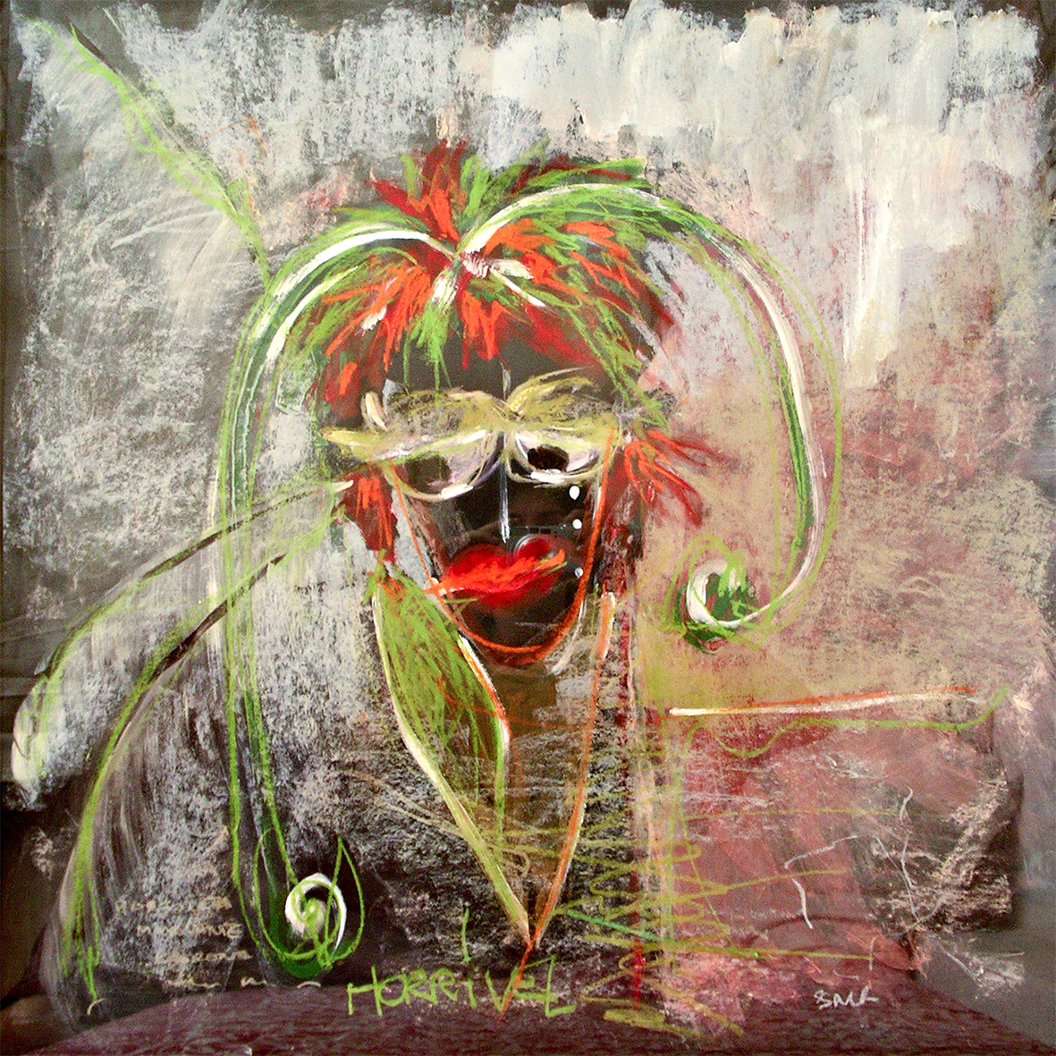 Borboleta minguante (Withering butterfly), acrylic and oil stick on paper, 28.7 x 28.3 in, 2004.