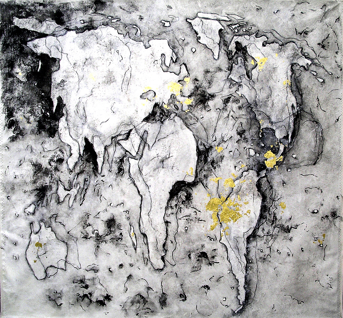 O avesso do mundo 2 (The inside out of the world 2), Acrylic, coal, graphite and gold leaf on canvas, 47.2 x 51.2 in, 2005.
