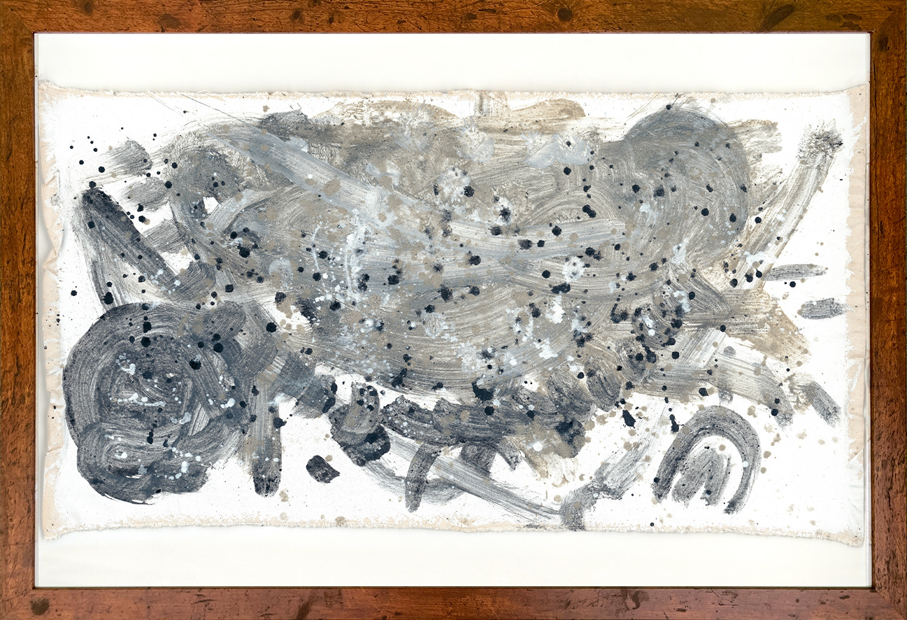 Dialogue with Bohdi Print, 2017, painting resulting from participatory action with Bohdi, ash, charcoal and acrylic on canvas in a wooden frame, 24"x 36" (canvas dimensions: 19"x 36"). Artist collection.
