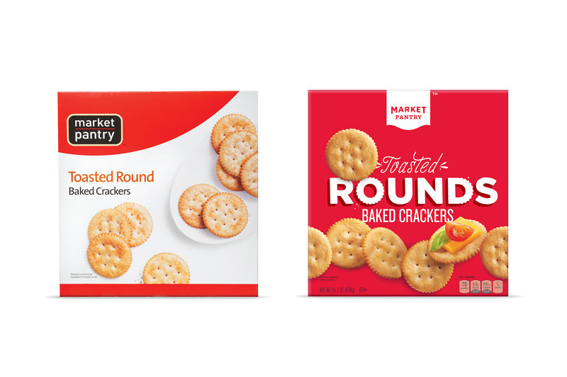 Crackers packaging, before and after brand redesign.