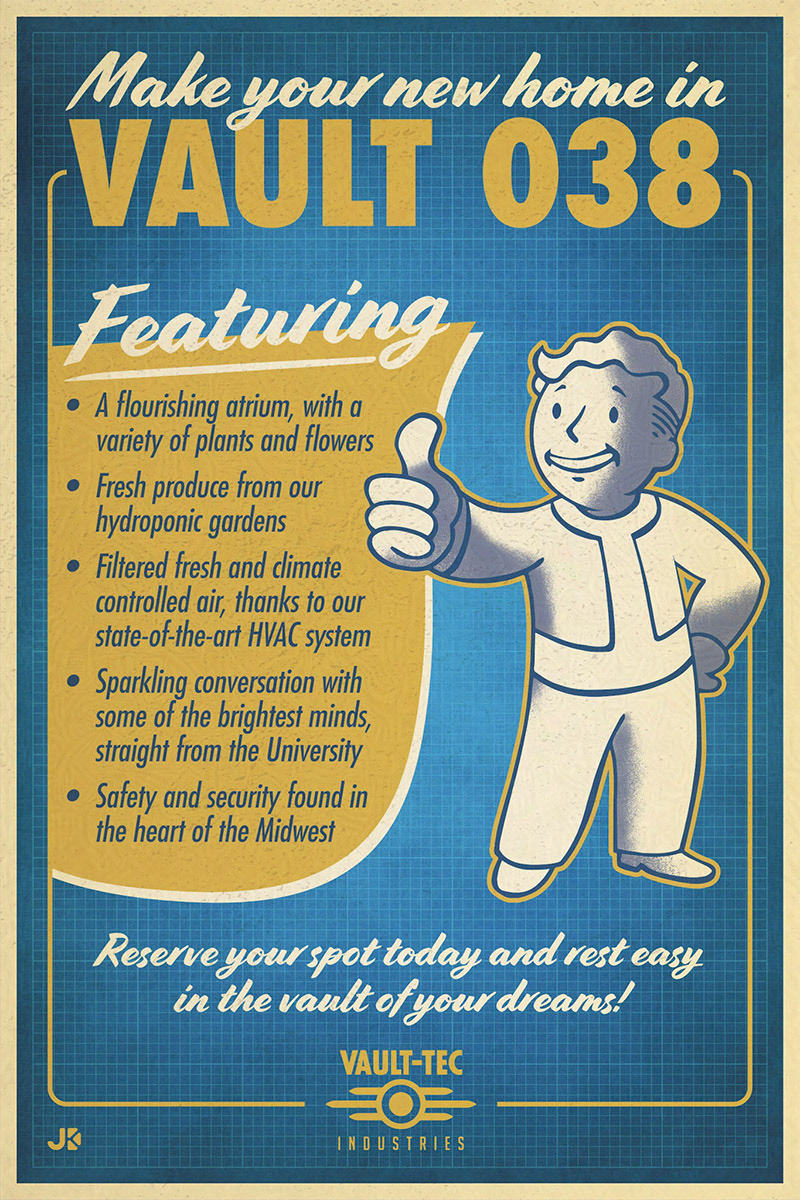 Mock advertisement for fictional Fallout Vault. Created as a gift