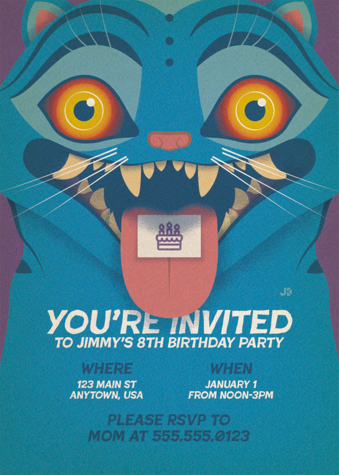 Birthday invitation designed after Derpy Tiger from K-Pop Demon Hunters. Created as a commission