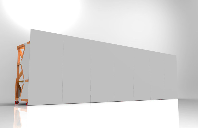 Nested workstations covered to provide a presentation wall.