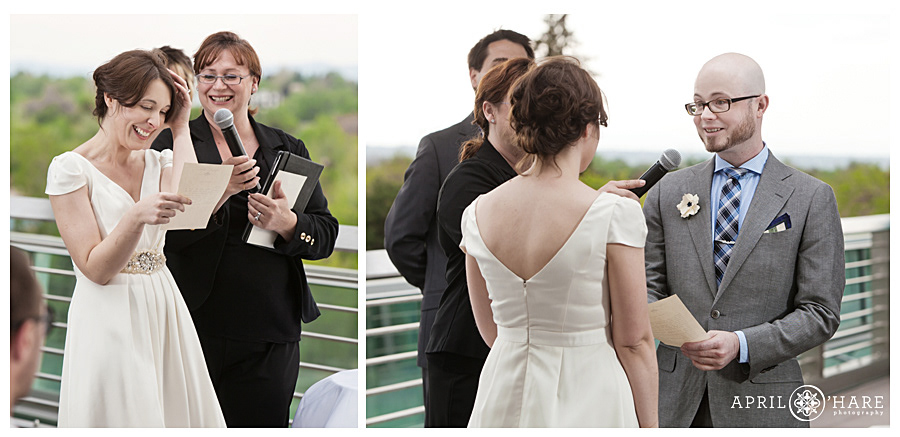 In two images side-by-side, Rev. Kim is holding the microphone for a bride who is reading her vows to her groom, and in the other, she is holding the microphone for the groom as he reads his vows to his bride