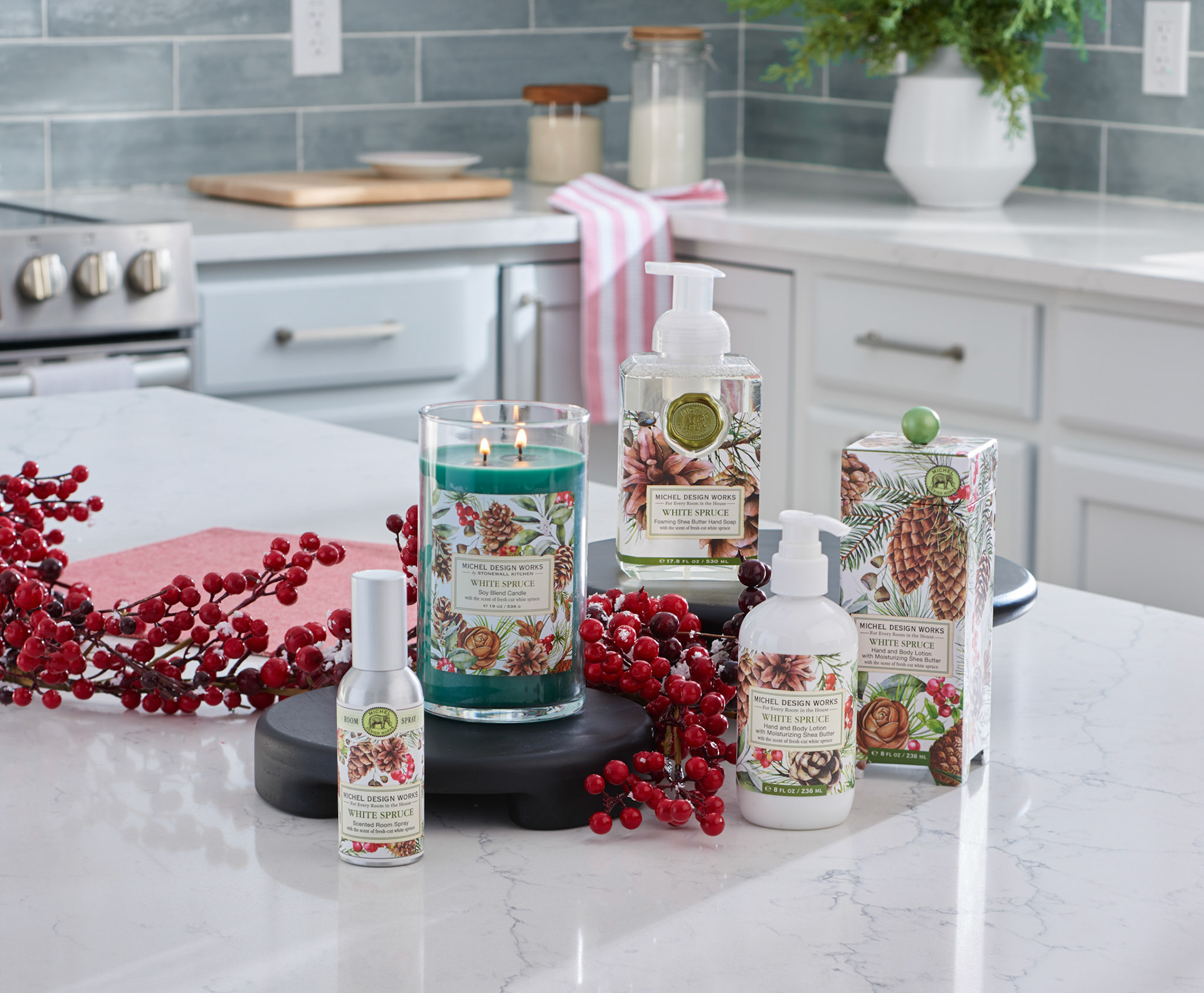 808362 White Spruce Room Spray837362 White Spruce Large Tumbler Candle801362 White Spruce Foaming Hand Soap804362 Hand & Body Lotion