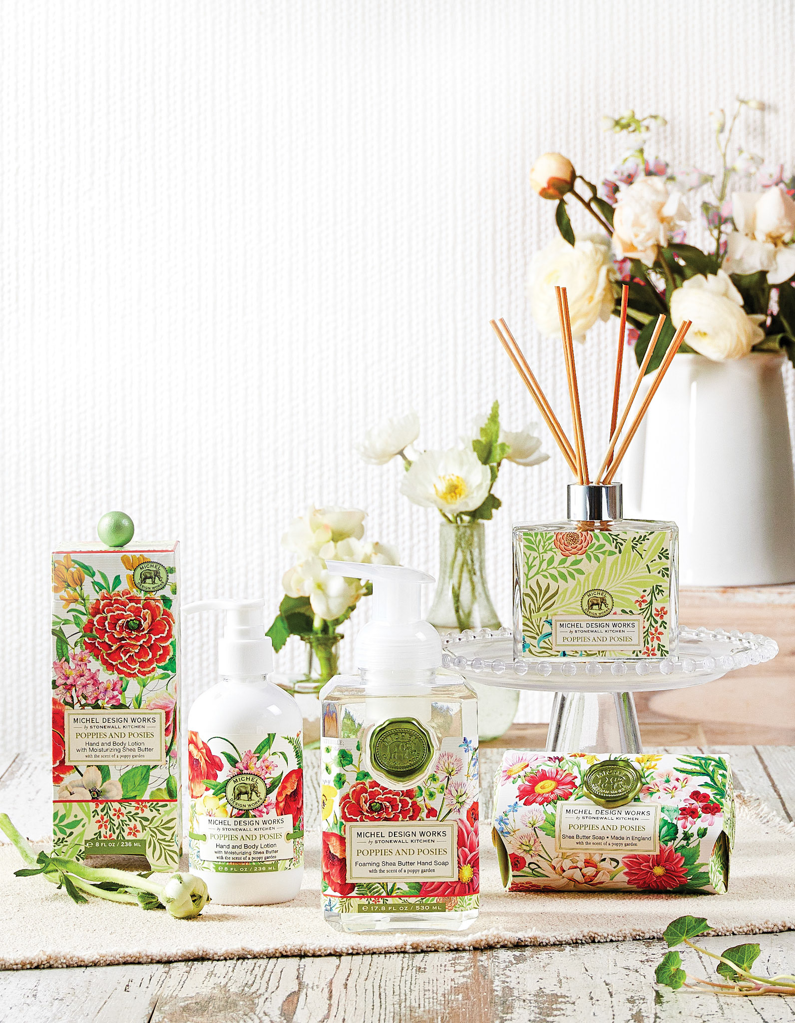 801385 Poppies and Posies Foaming Hand Soap804385 Poppies and Posies Hand and Body Lotion802385 Poppies and Posies Large Bath Soap Bar823385 Poppies and Posies Home Fragrance Reed Diffuser