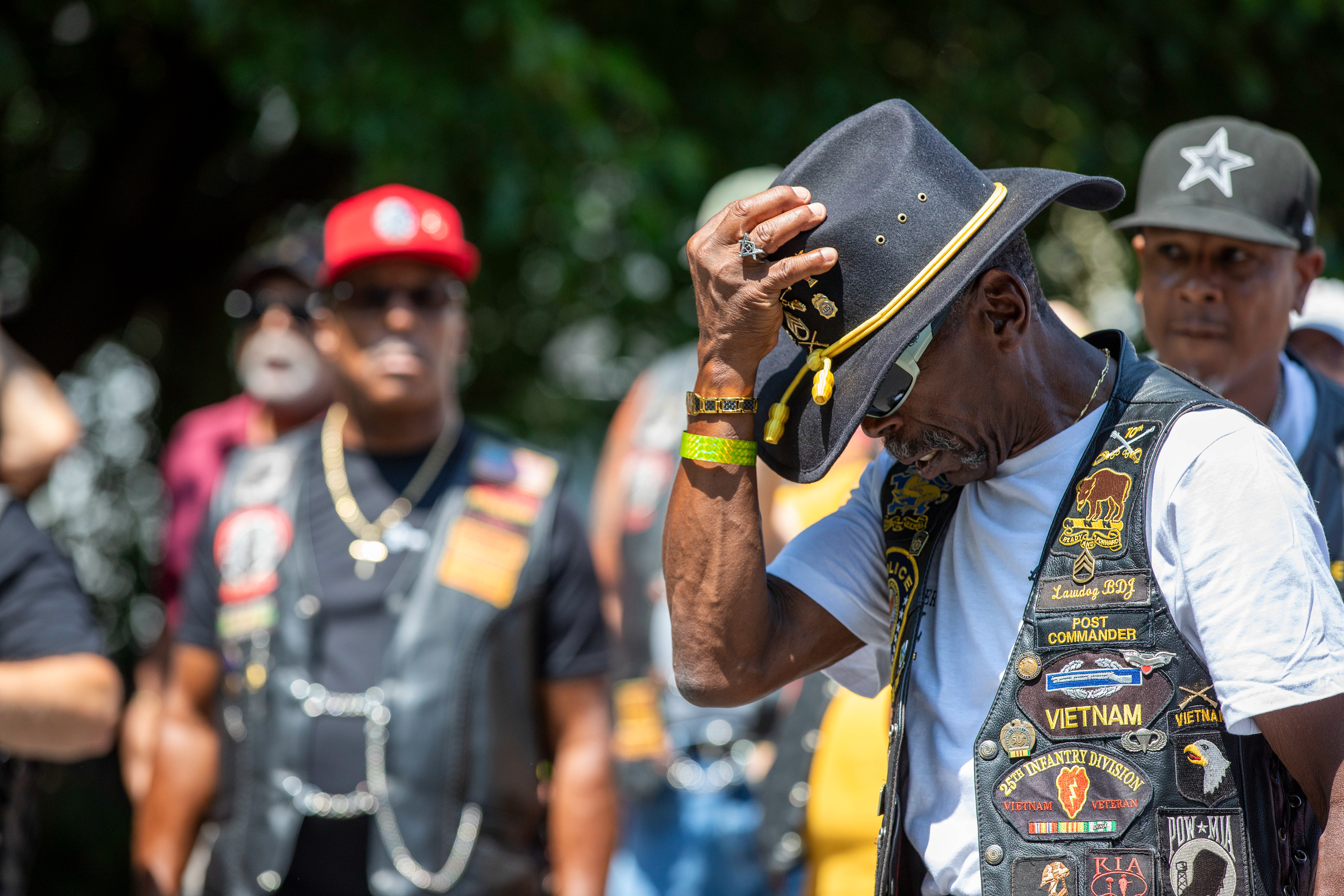 John Pitts, Bethlehem Buffalo Soldiers post commander, puts his hat back on Saturday, July 27, 2024, during the Buffalo Soldiers ceremony at West Nesquehoning Park in Easton. The ceremony honored the forgotten soldiers whose graves were found at the park. The Buffalo Soldiers were Black troops who served in segregated units formed after the Civil War mostly for duty in the West.