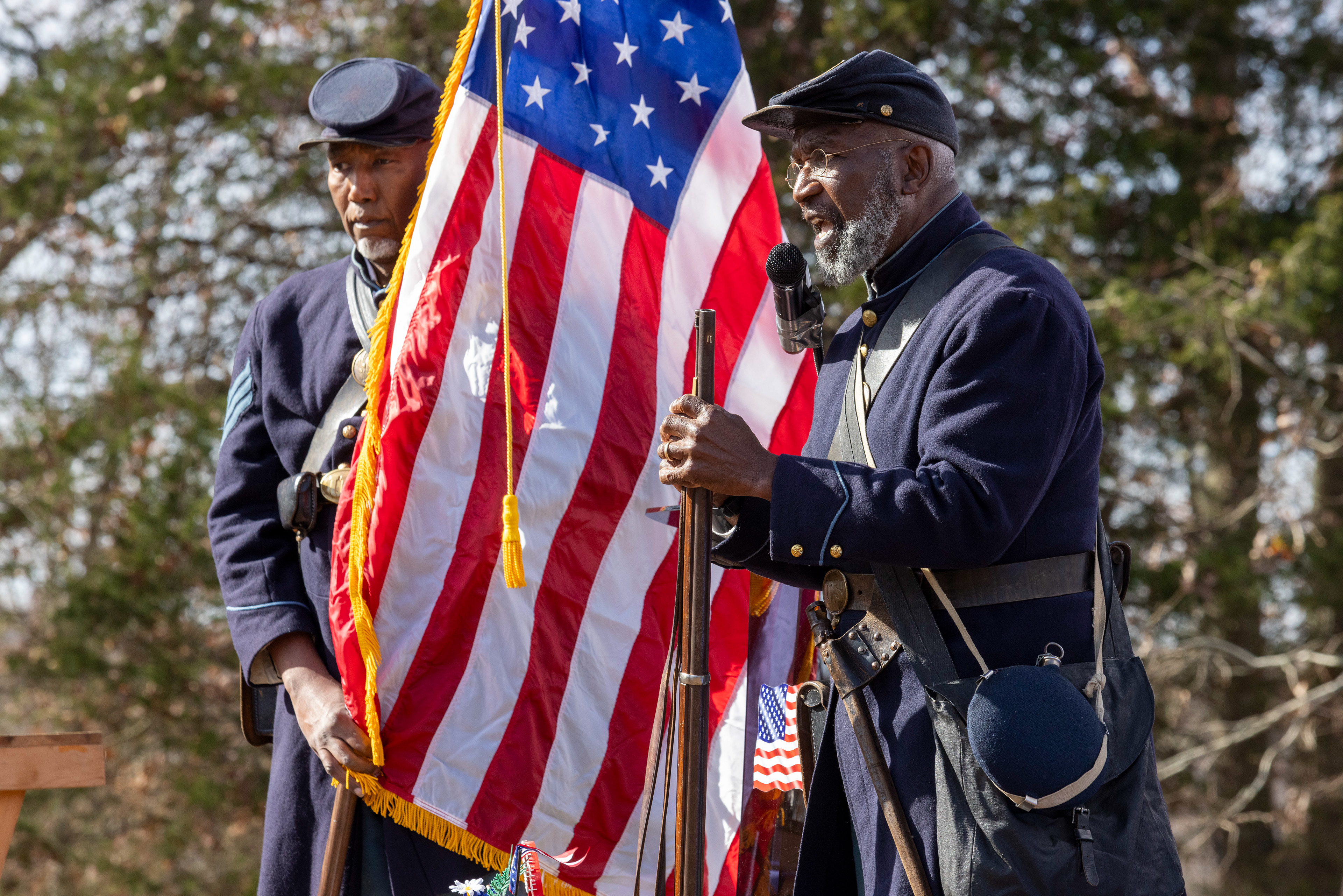 Frederick Smith, a Civil War reenactor, recites Paul Lawrence Dunbar’s poem, “The Colored Soldiers,” during the Headstone Rededication Ceremony at the Rendville Cemetery.