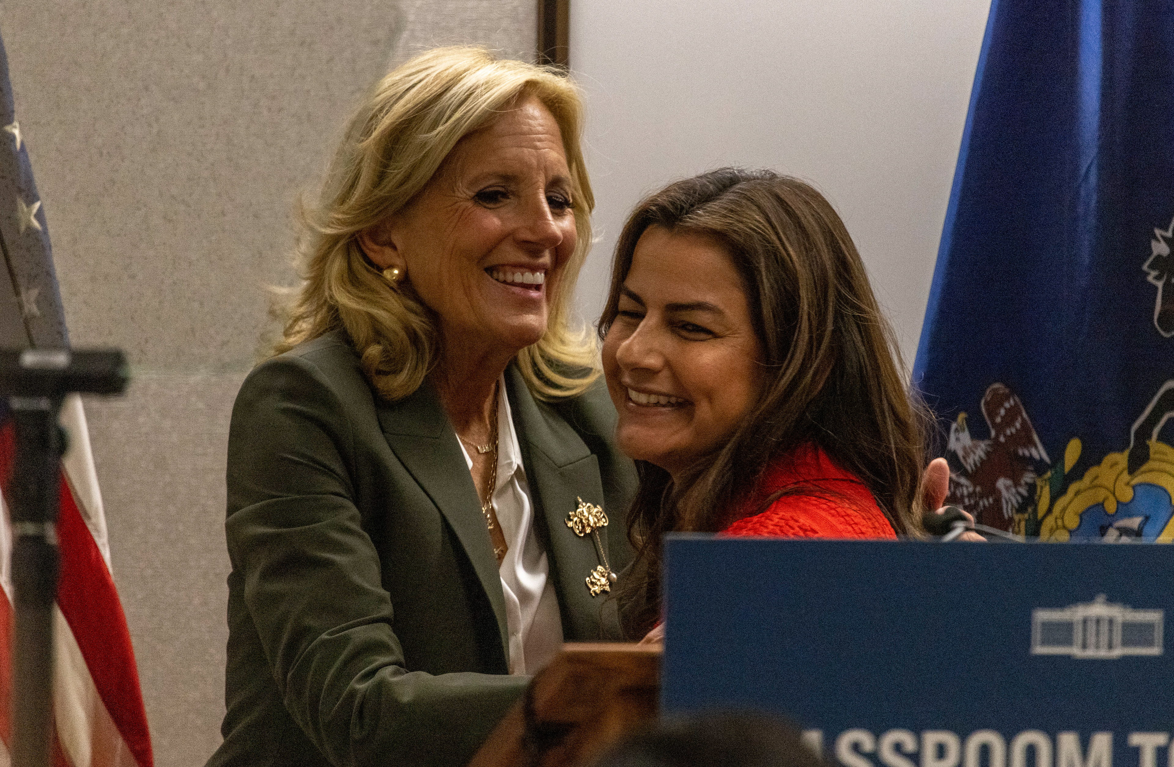 First lady Jill Biden hugs Congressional Hispanic Caucus Chair Rep. Nanette Barragán, D-Calif., at Lehigh Carbon Community College in Allentown, Tuesday, July 2, 2024, during a caucus "On the Road" initiative stop to discuss education and workforce development in the greater Lehigh Valley. 