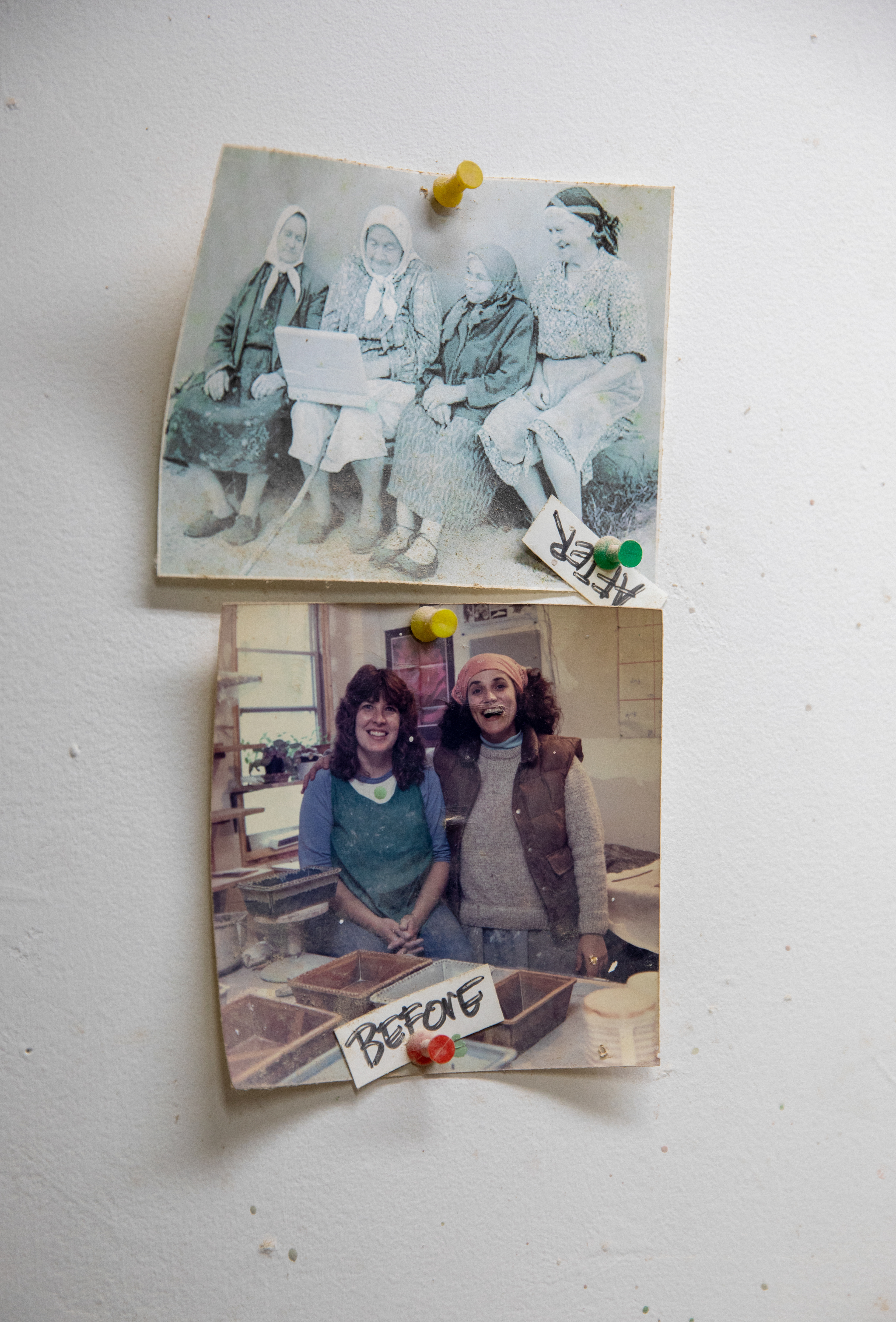 Photo of Susan Abramovitz and her friend from the 1980s at her studio at Rock Riffle Ru Pottery on October 10, 2022. The photographs are an inside joke of how they were going to become the “After” photo in years to come.