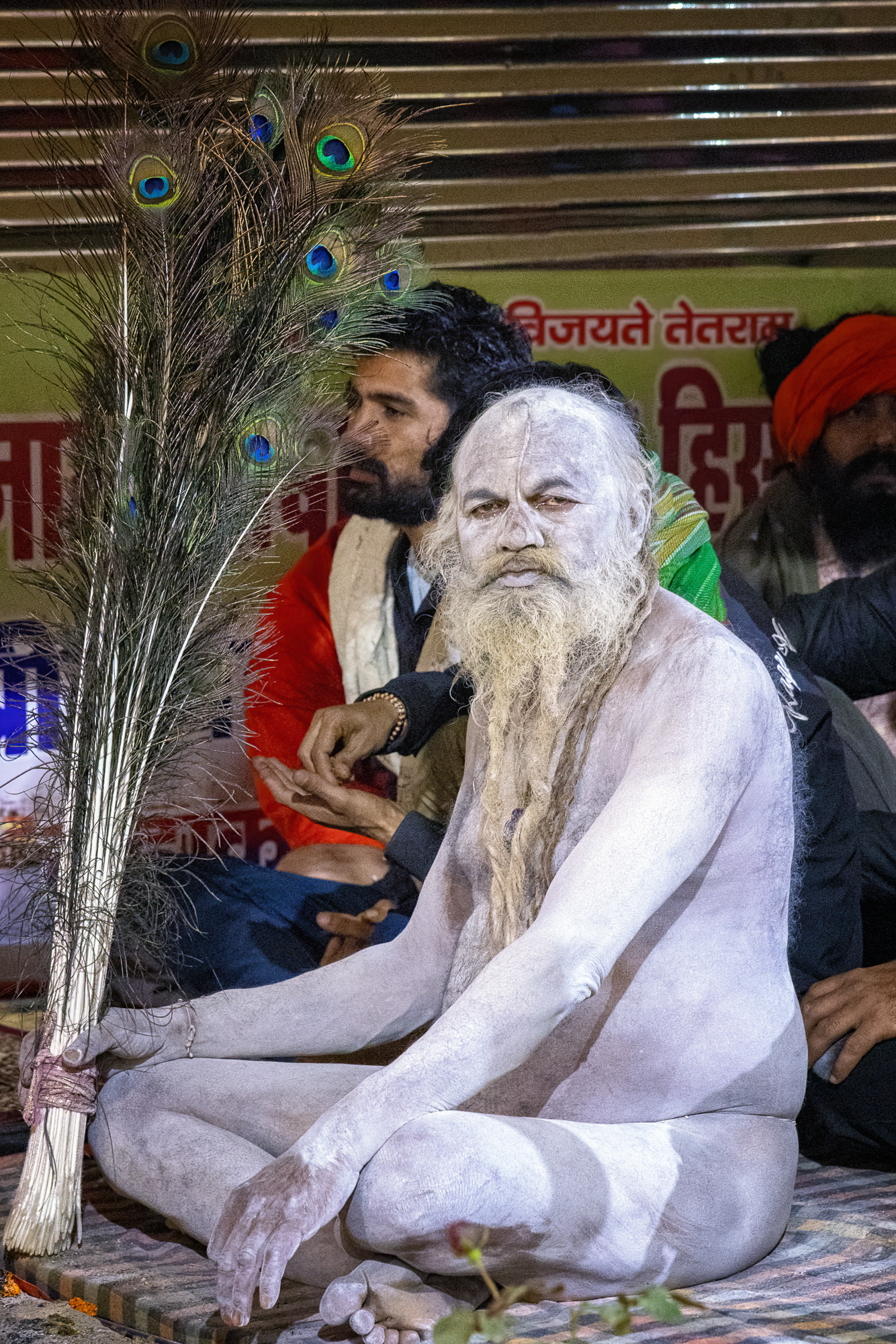 Naga Sadhu with peacock feathers.  Peacock feathers are an auspicious symbol in Hinduism. He likely used these to bless people