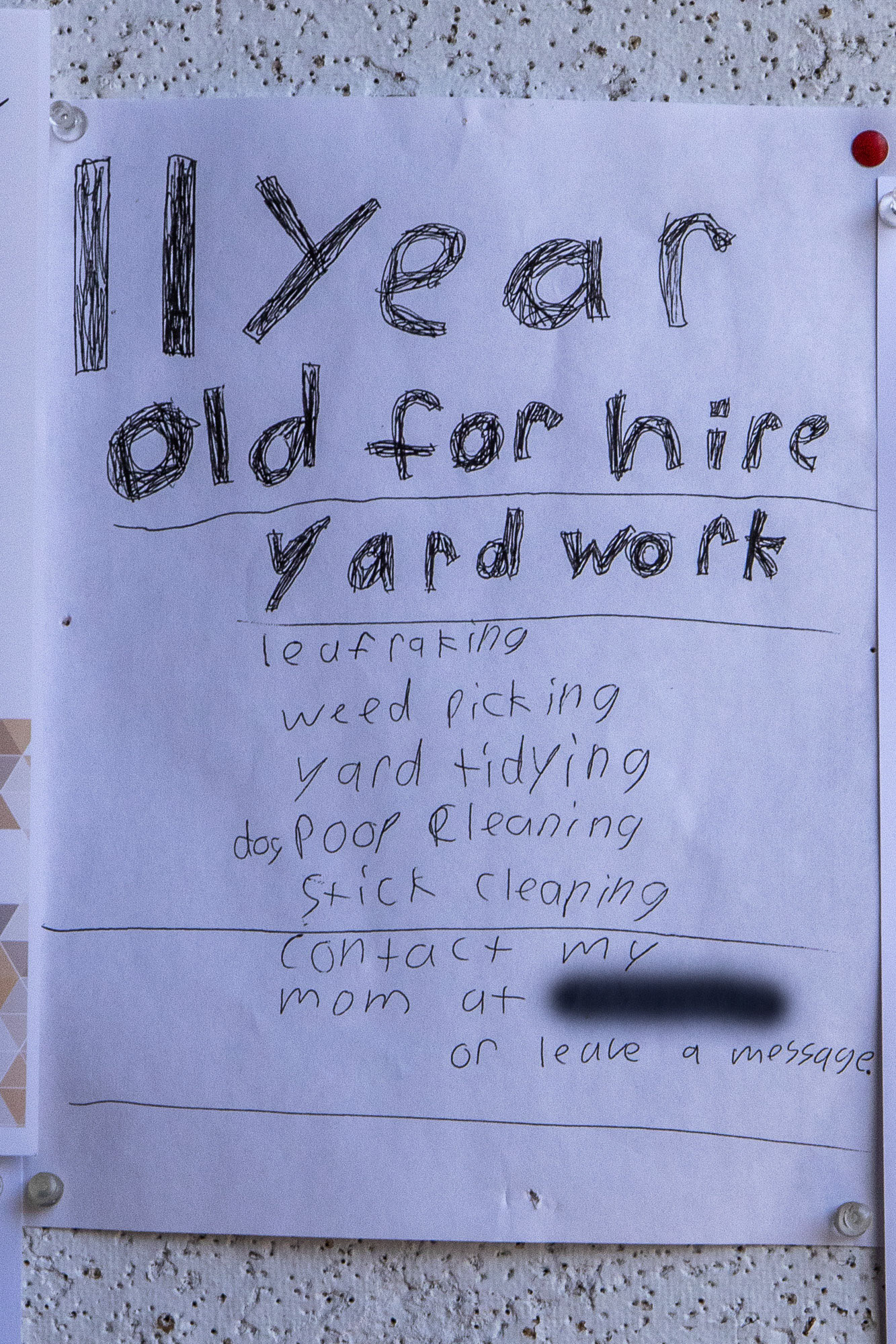 "poop cleaning" with "dog" added afterwards :)  cute kid