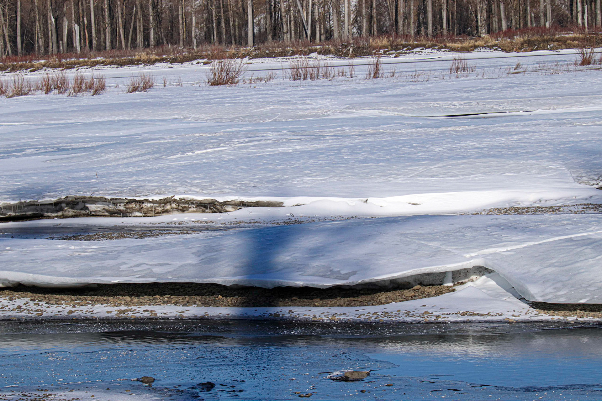 Freezing water leaves ice shelves