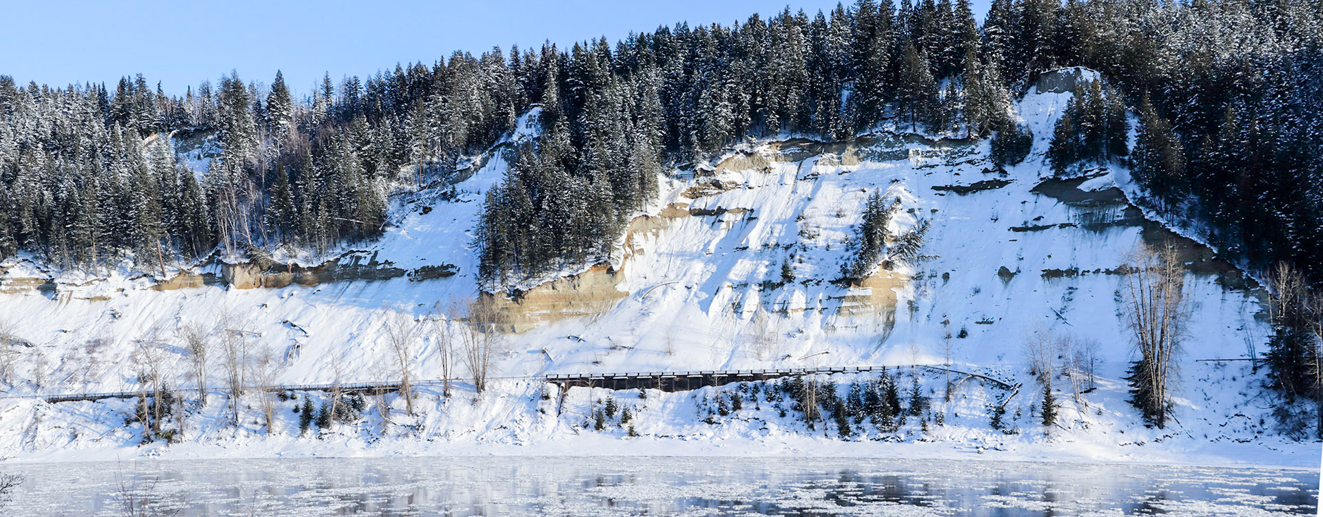 Fraser cutbanks clothed in white.