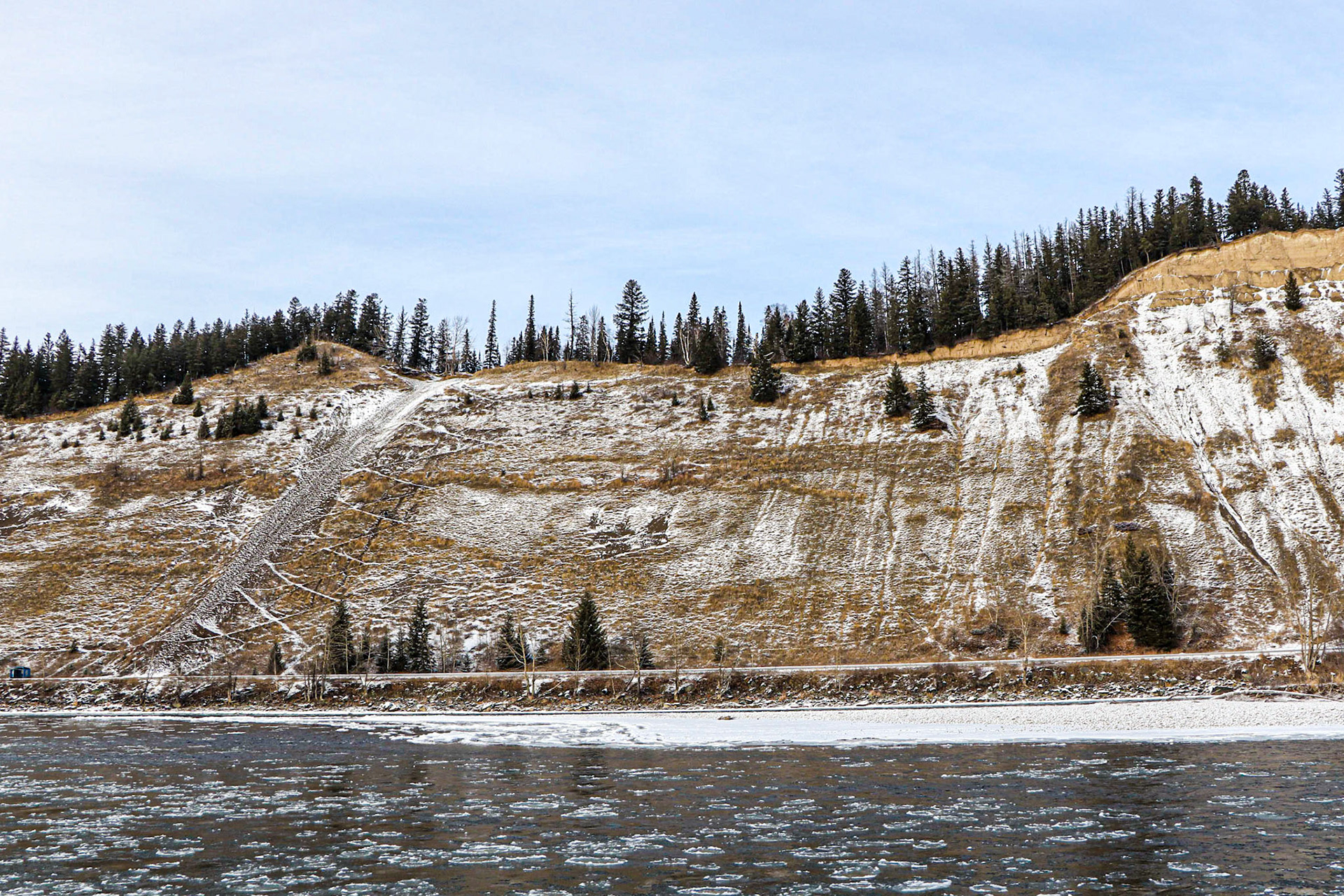 The trails zig zag up the cutbanks.