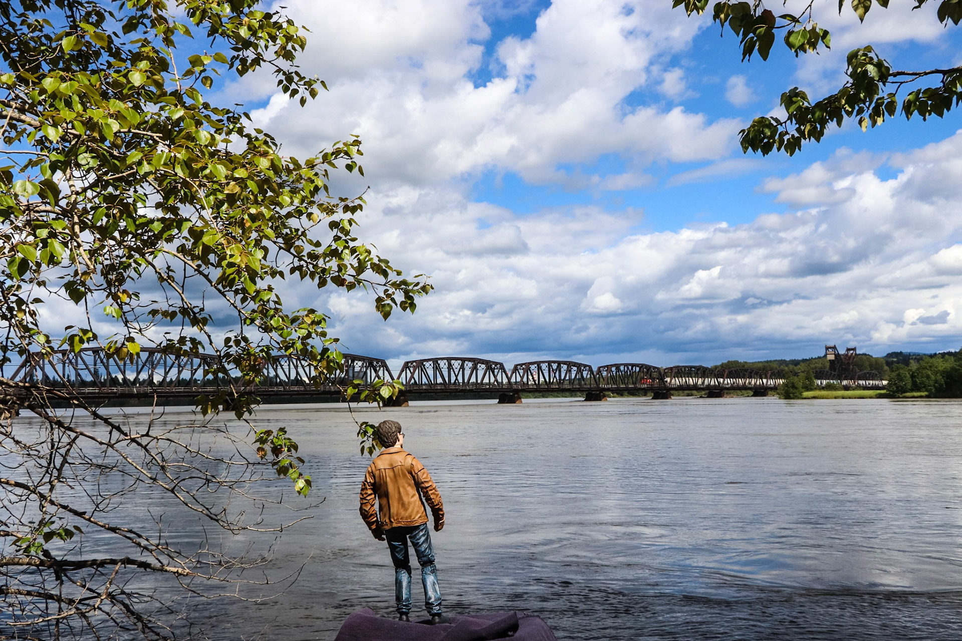 Harry checks out the train on the CN Bridge.