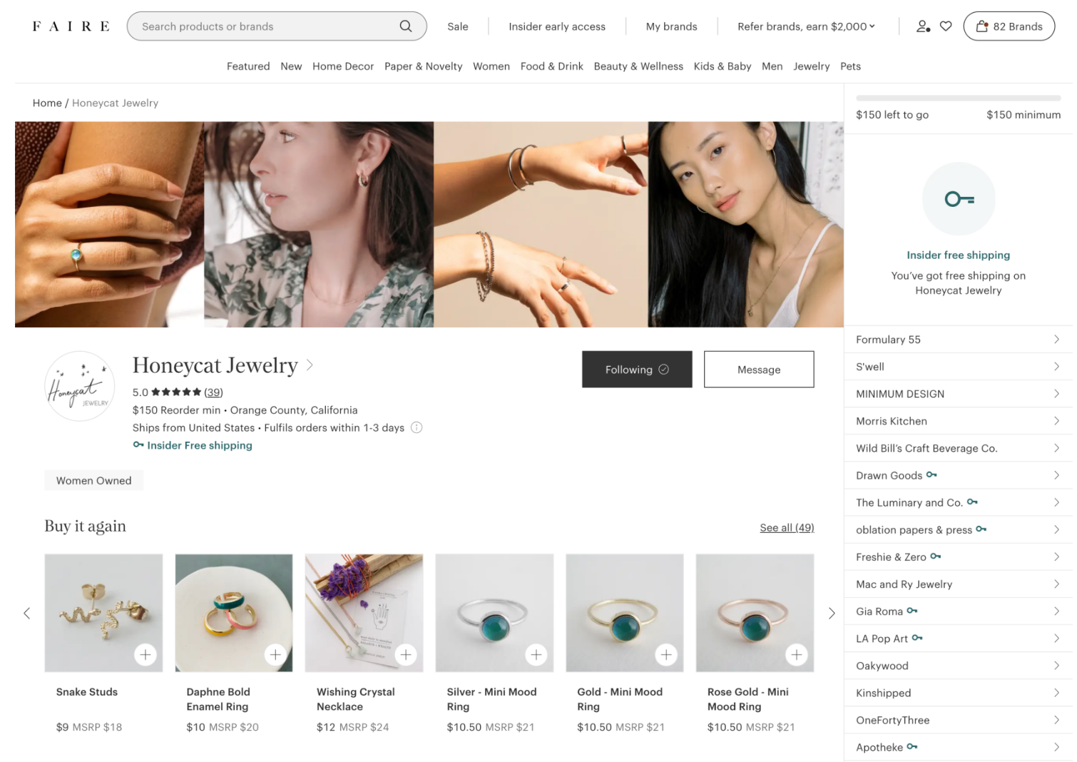 Faire brand page where retailers find products for reorder