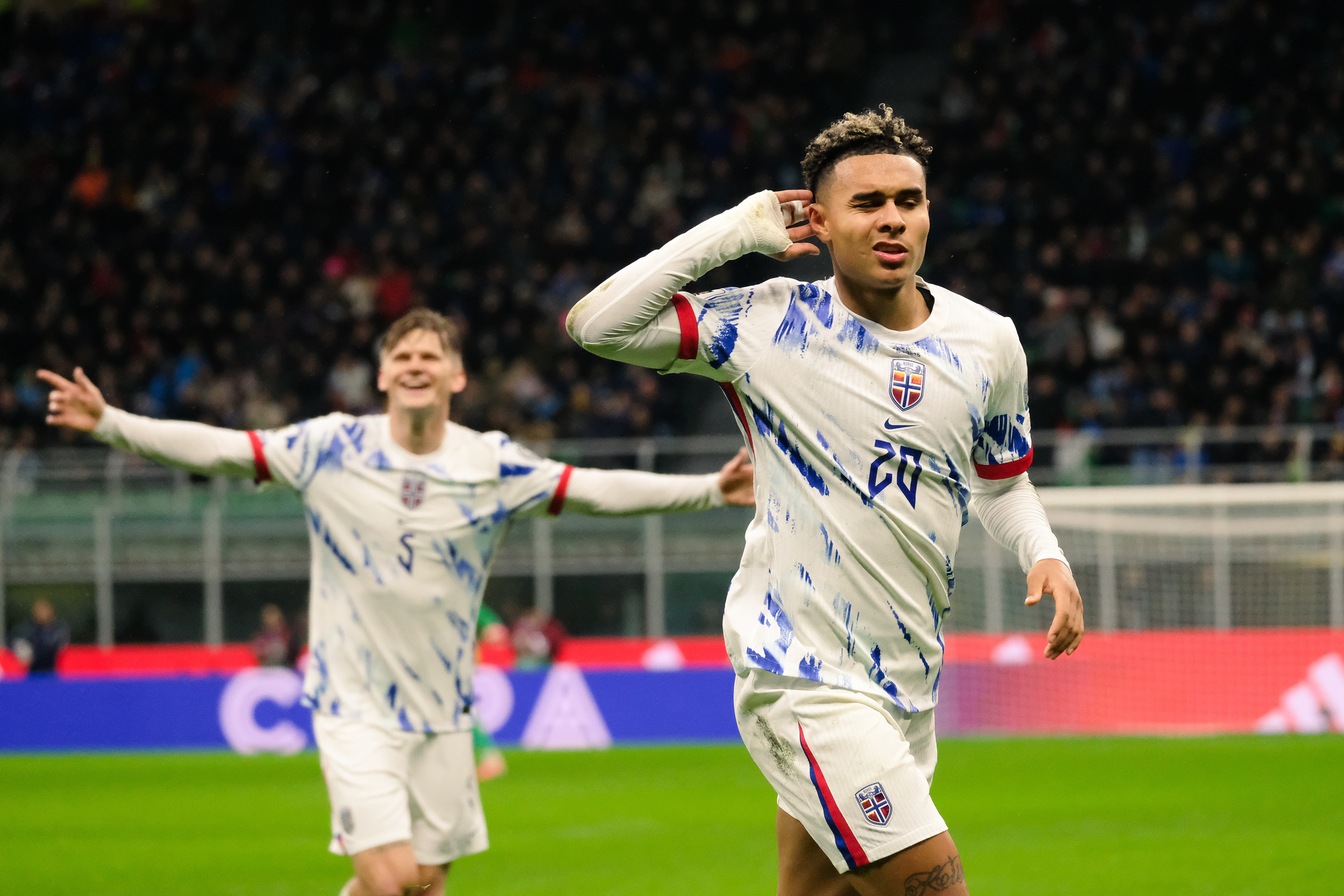 Italy against Norway during the European Qualifiers 2025 match at Giuseppe Meazza Stadium (San Siro) in Milan, Italy, on 16 November 2025/2026; in the photo: Antonio Eromonsele Nordby Nusa (Norway) celebrating his hol