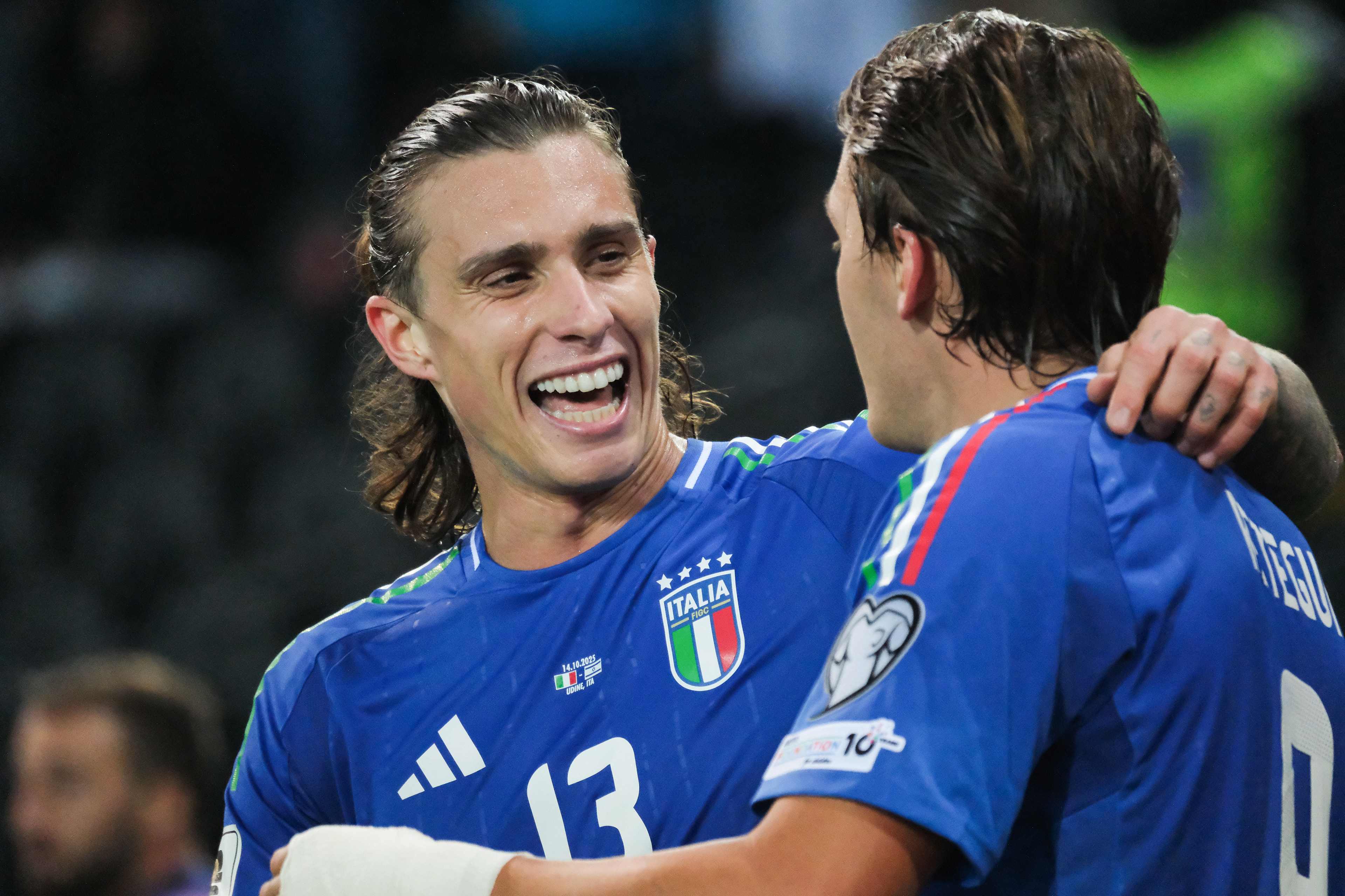 ITALY FC v ISRAEL - FIFA World CUP 2026 - Qualification Round // UDINE, ITALY - OCTOBER 14: Riccardo Calafiori (s) and Mateo Retegui (r) of Italy celebrating gol during the match between Italy and Israel at Stadio Friuli on october 14, 2025 in Udine, Italy. (Photo by Federico Serra)