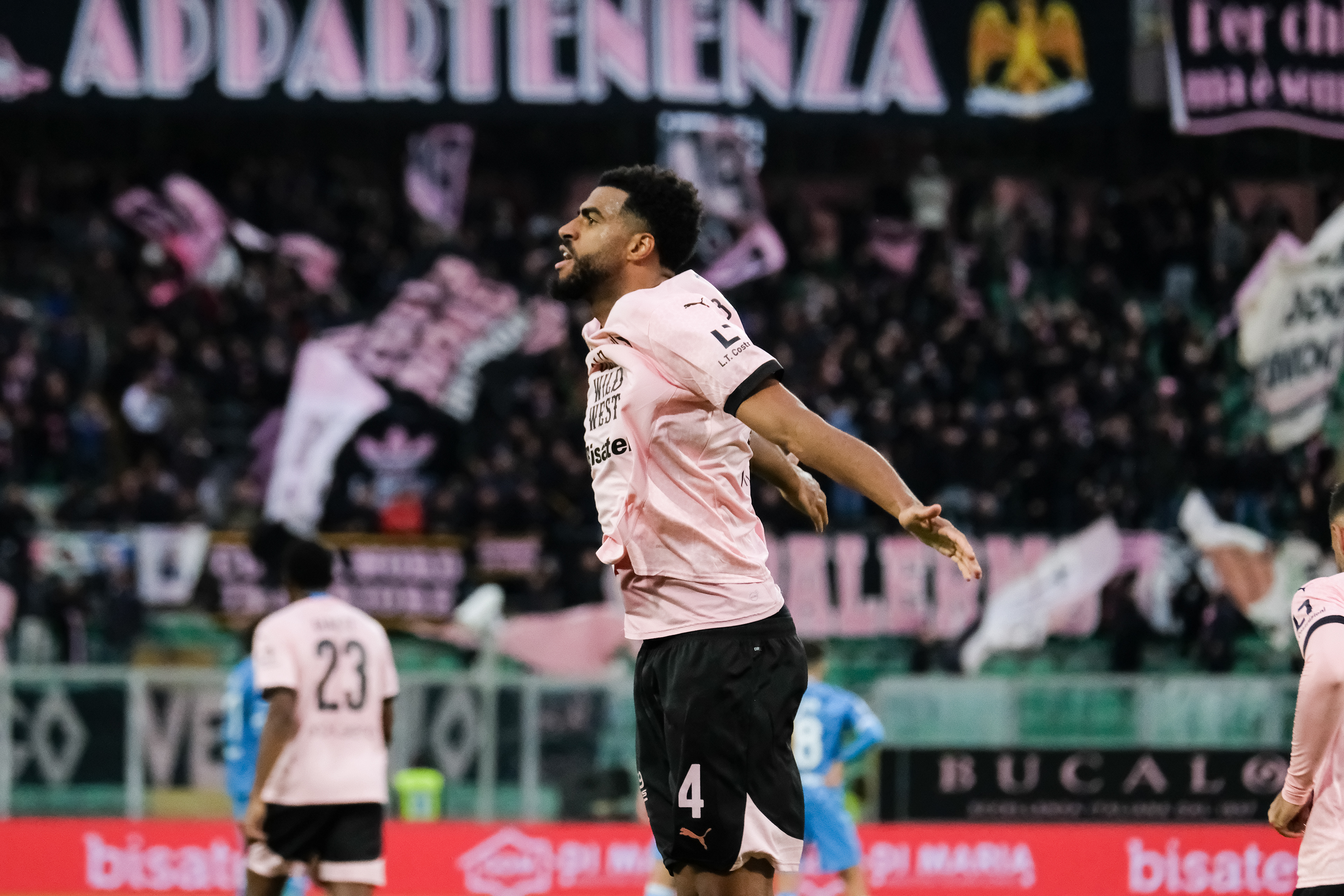PALERMO v SPEZIA - Serie B // PALERMO, ITALY - DECEMBER 01: Rayyan Baniya of Palermo celebrate lead goal (1-0), during the Serie B match between Palermo FC and Spezia at Stadio Comunale Renzo Barbera on december 01, 2024 in Palermo, Italy. (Photo by Federico Serra)