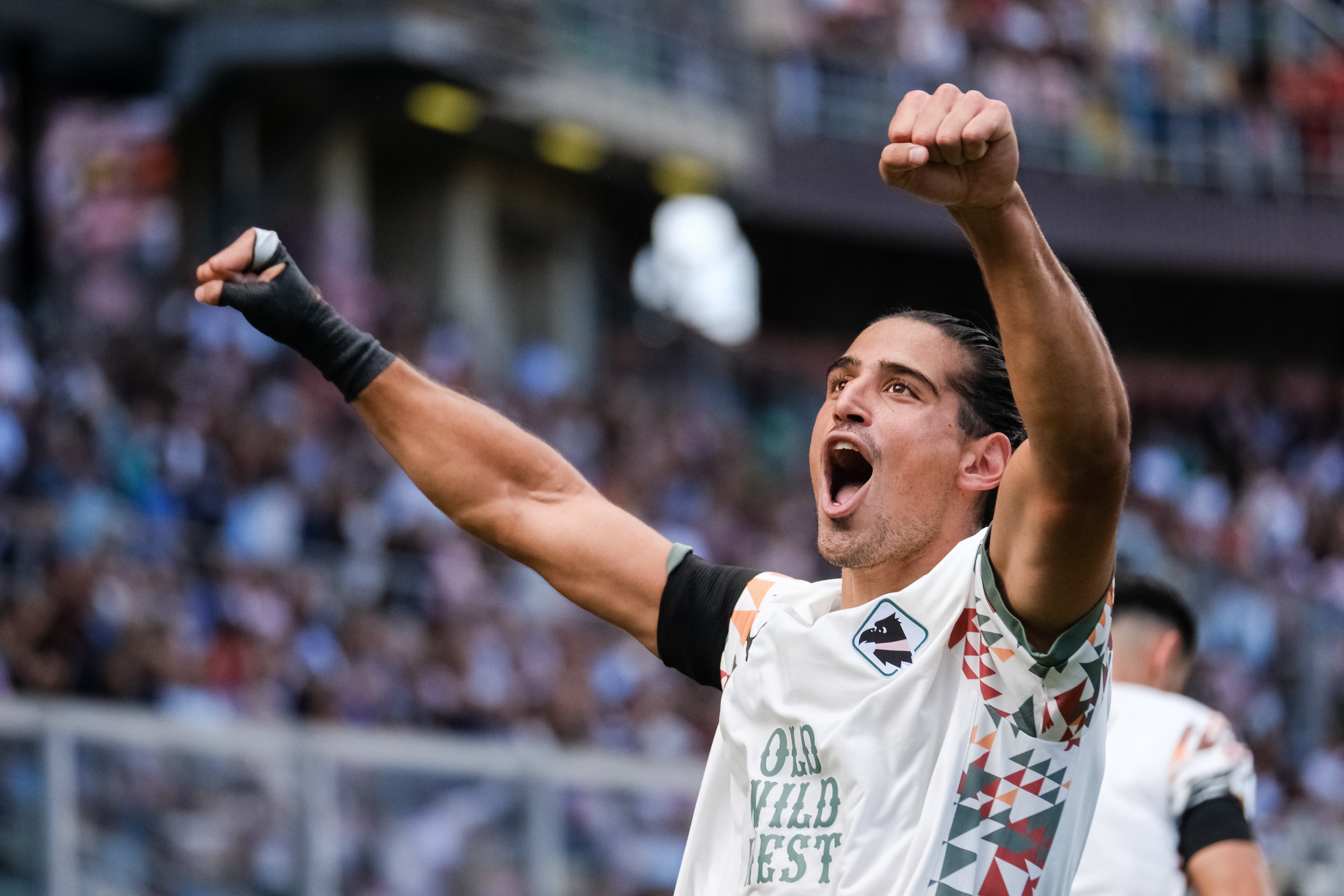 PALERMO v CESENA - Serie B // PALERMO, ITALY - SEPTEMBER 21: Dimitrios Nikolaou of Palermo celebrate Thomas Henry lead goal, later disallowed during the Serie B match between Palermo FC and Cesena at Stadio Comunale Renzo Barbera on september 21, 2024 in Palermo, Italy. (Photo by Federico Serra)