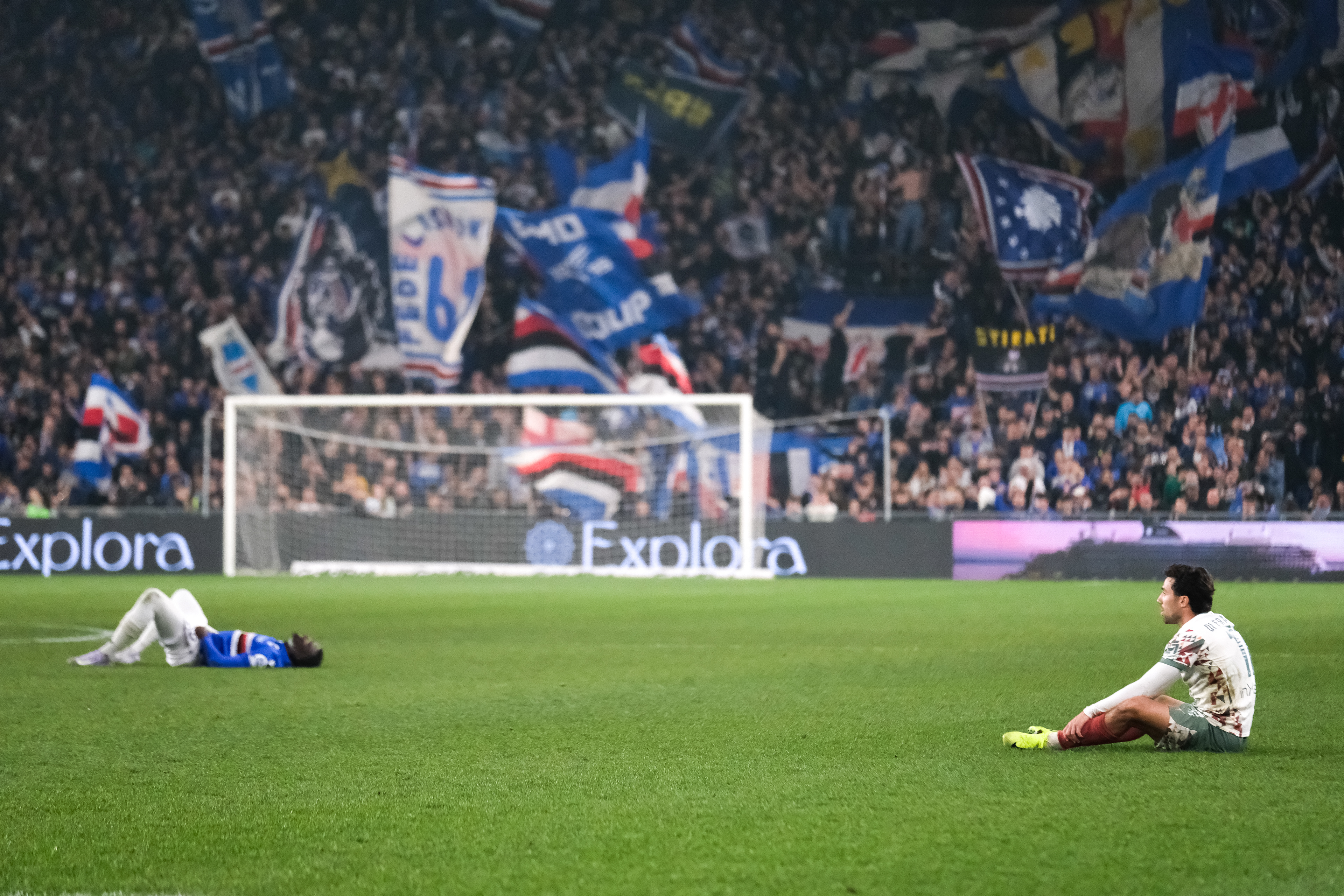 SAMPDORIA v PALERMO - Serie B // GENOA, ITALY - MARCH 08: Federico Di Franceasco of FC Palermo and M'Baye Niang of UC Sampdoria disappointed at the end of the Serie B match between UC Sampdoria and Palermo FC at Stadio Luigi Ferraris on March 08, 2025 in Genova, Italy. (Photo by Federico Serra)