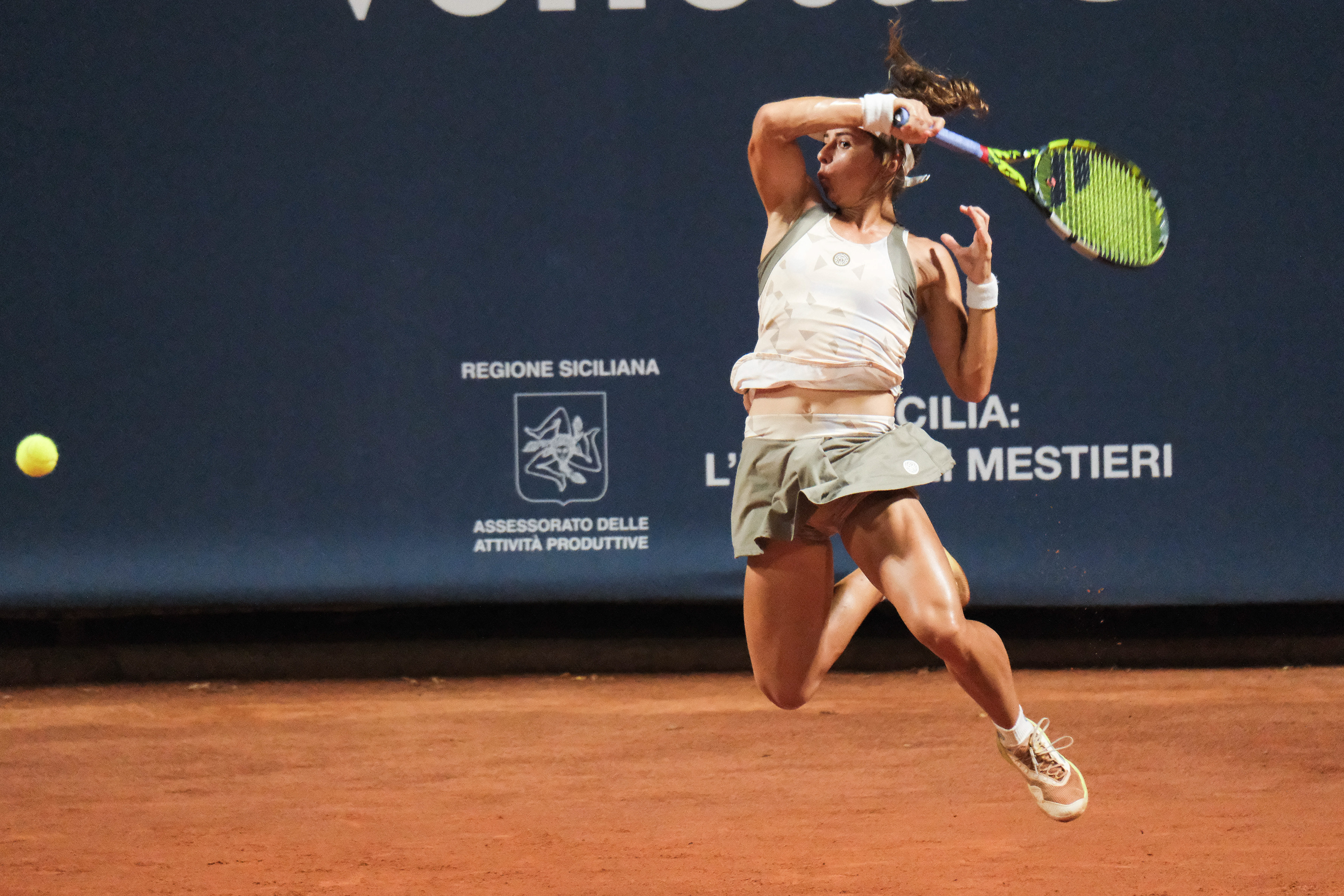 JULIA GRABHER - Palermo Ladies Open 2025 // PALERMO, ITALY - JULY 25: Julia Grabher in action during a PLO 2025's match at Country Time Club on July 25, 2025 in Palermo, Italy. (Photo by Federico Serra)