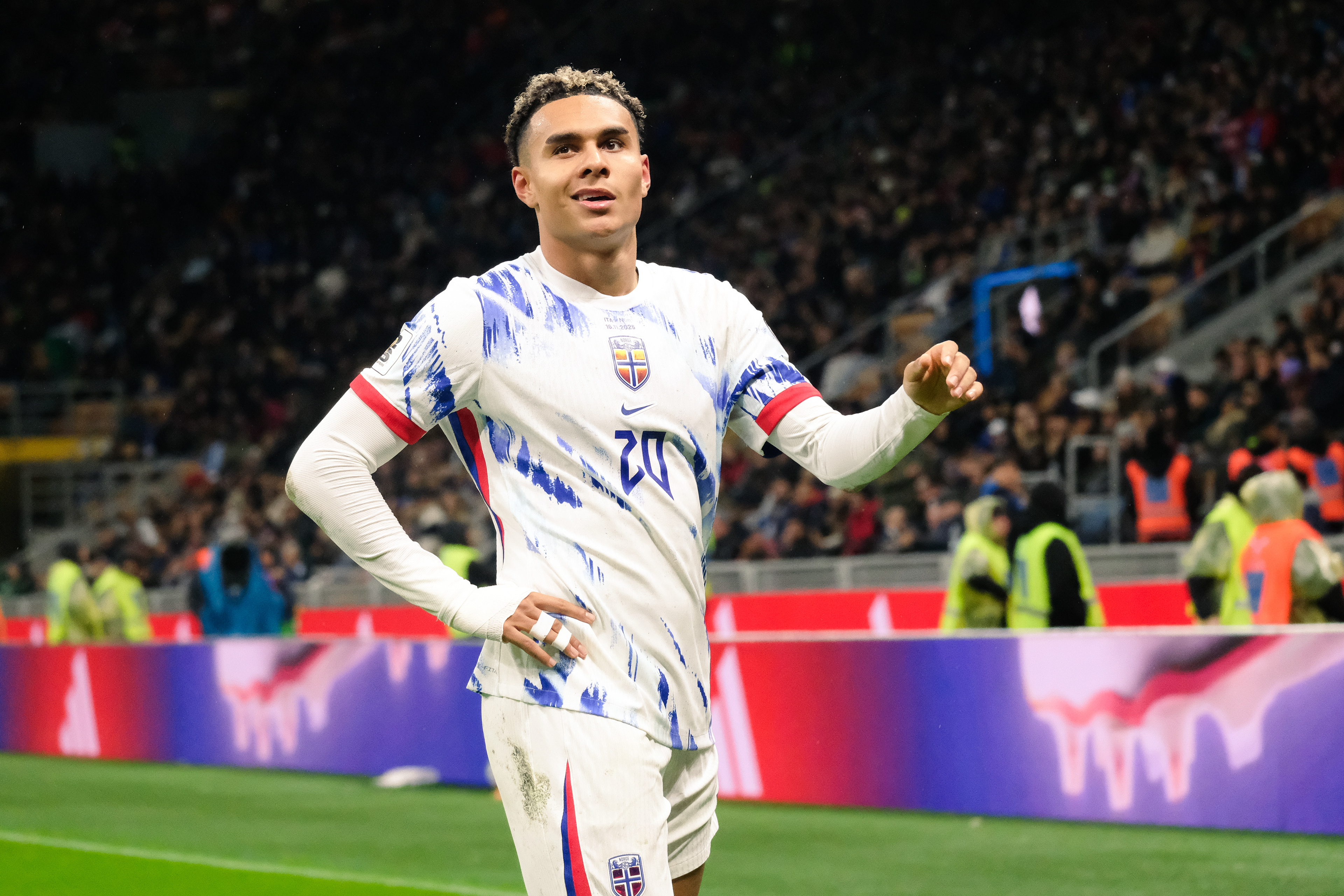 Italy against Norway during the European Qualifiers 2025 match at Giuseppe Meazza Stadium (San Siro) in Milan, Italy, on 16 November 2025/2026; in the photo: Antonio Eromonsele Nordby Nusa (Norway) celebrating his hol