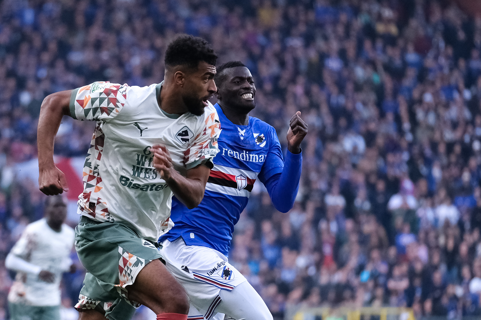 UC SAMPDORIA v PALERMO - Serie B // GENOVA, ITALY - MARCH 08: Rayyan Baniya of UC Sampdoria and M'Baye Niang of Palermo FC in action during the Serie B match between UC Sampdoria and Palermo FC at Stadio Luigi Ferraris on March 08, 2025 in Genova, Italy. (Photo by Federico Serra)