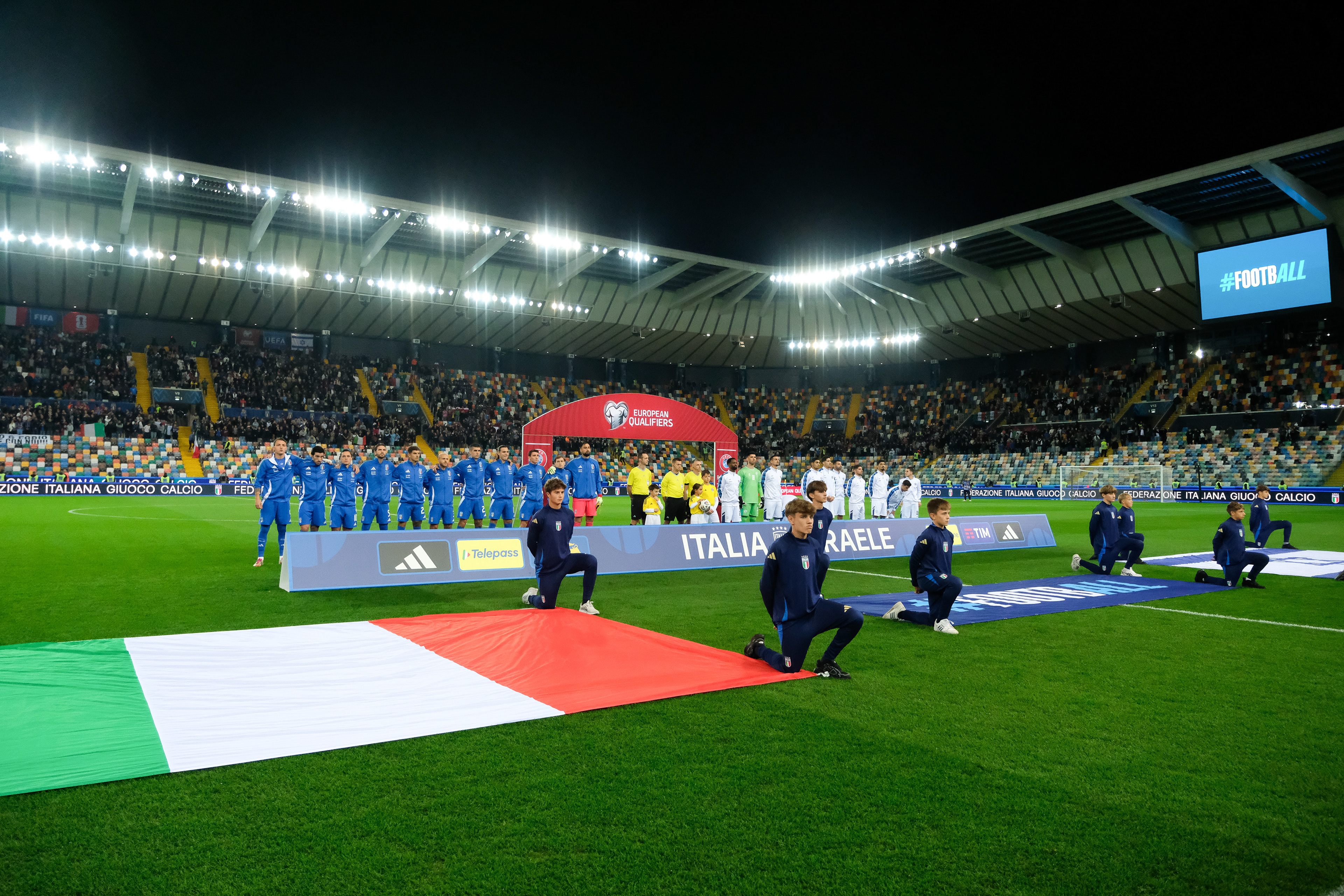ITALY FC v ISRAEL - FIFA World CUP 2026 - Qualification Round // UDINE, ITALY - OCTOBER 14: formations lined up singing the national anthems before the match between Italy and Israel at Stadio Friuli on october 14, 2025 in Udine, Italy. (Photo by Federico Serra)