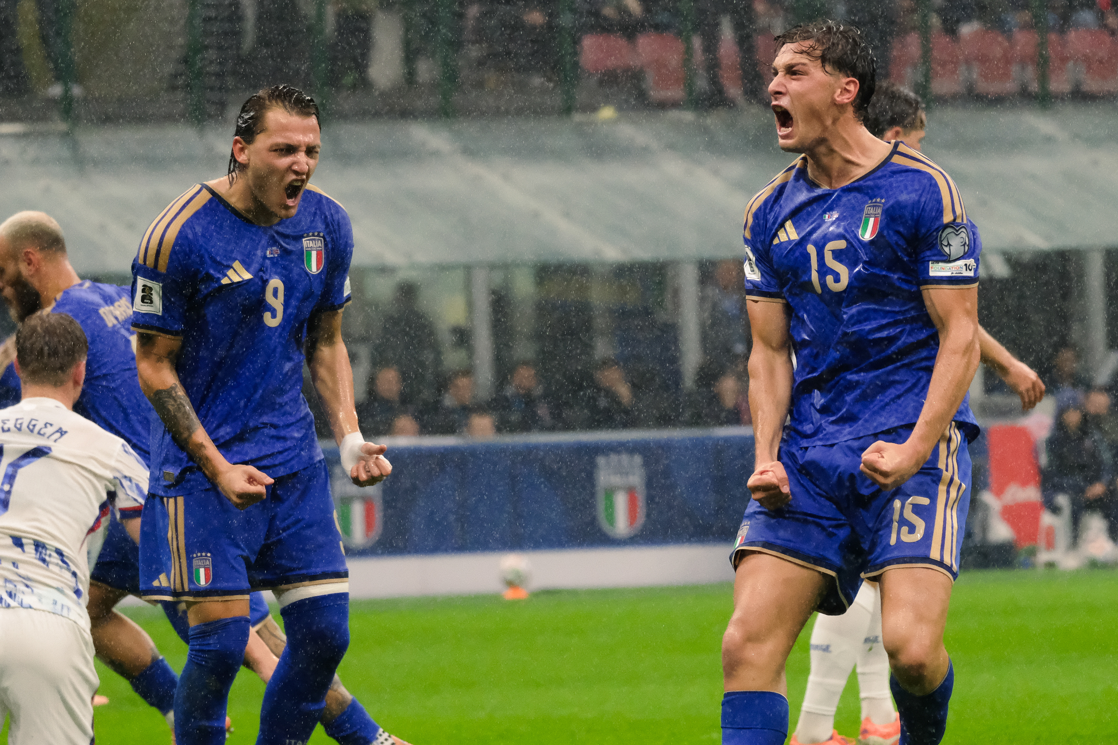 Italy against Norway during the European Qualifiers 2025 match at Giuseppe Meazza Stadium (San Siro) in Milan, Italy, on 16 November 2025/2026; in the photo: Francesco Pio Esposito (Italy) celebrating his goal