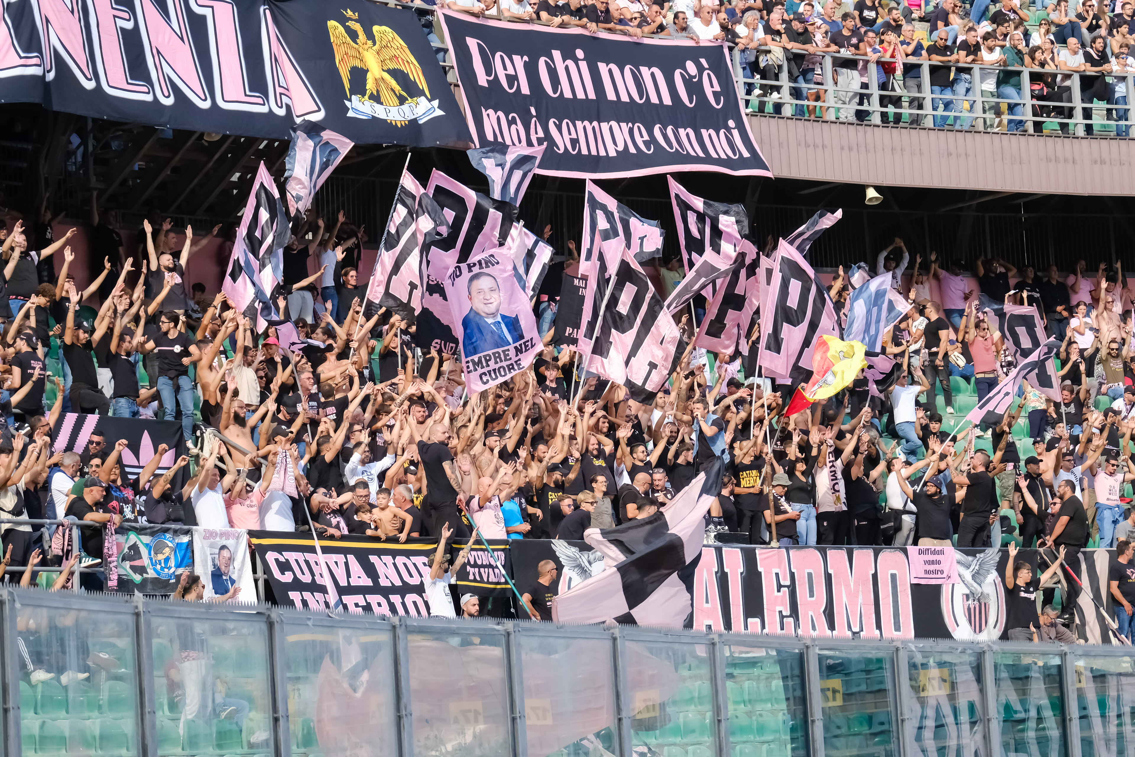 PALERMO v REGGIANA - Serie B // PALERMO, ITALY - OCTOBER 26: Palermo FC's supporters during the Serie B match between Palermo FC and Reggiana at Stadio Comunale Renzo Barbera on october 26, 2024 in Palermo, Italy. (Photo by Federico Serra)