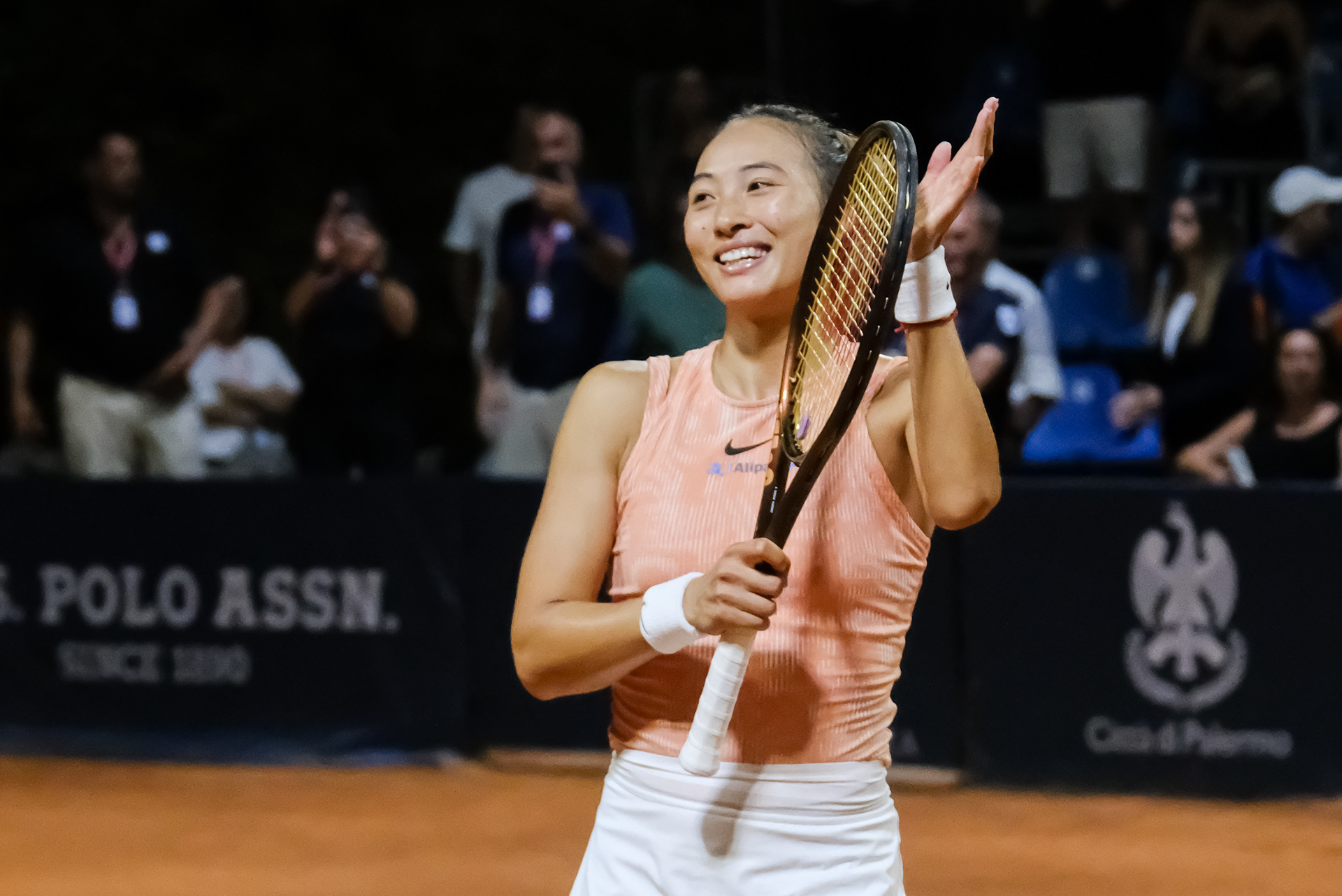 ZHENG QUINWEN - Palermo Ladies Open 24 // PALERMO, ITALY - JULY 22: Zheng Qinwen celebrates the winning point during the PLO24's final at Country Time Club on July 22, 2024 in Palermo, Italy. (Photo by Federico Serra)