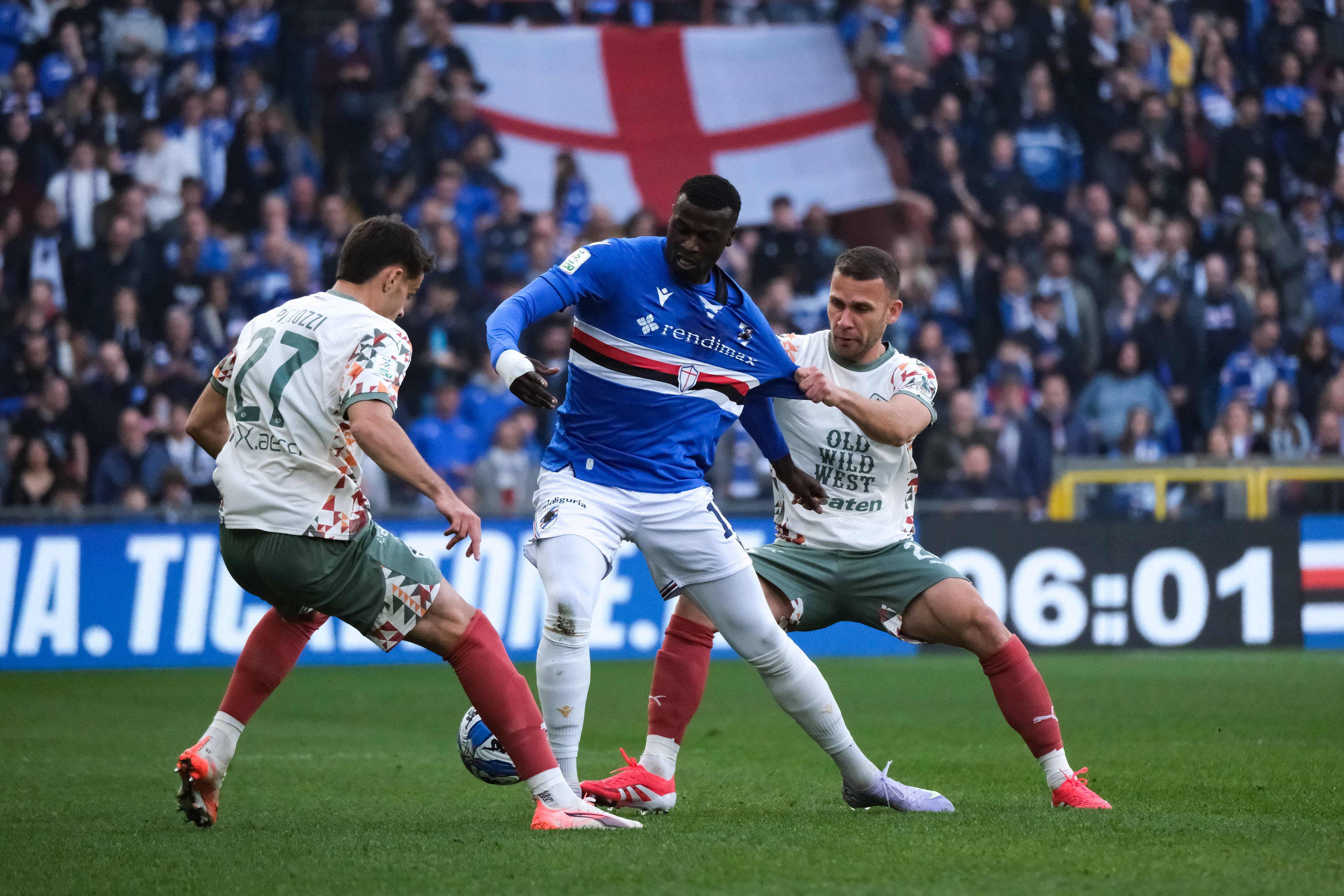 SAMPDORIA v PALERMO - Serie B // GENOVA, ITALY - MARCH 08: Alexis Blin, NIccolò Pierozzi of FC Palermo and M'Baye Niang of UC Sampdoria in action during the Serie B match between UC Sampdoria and Palermo FC at Stadio Luigi Ferraris on March 08, 2025 in Genova, Italy. (Photo by Federico Serra)