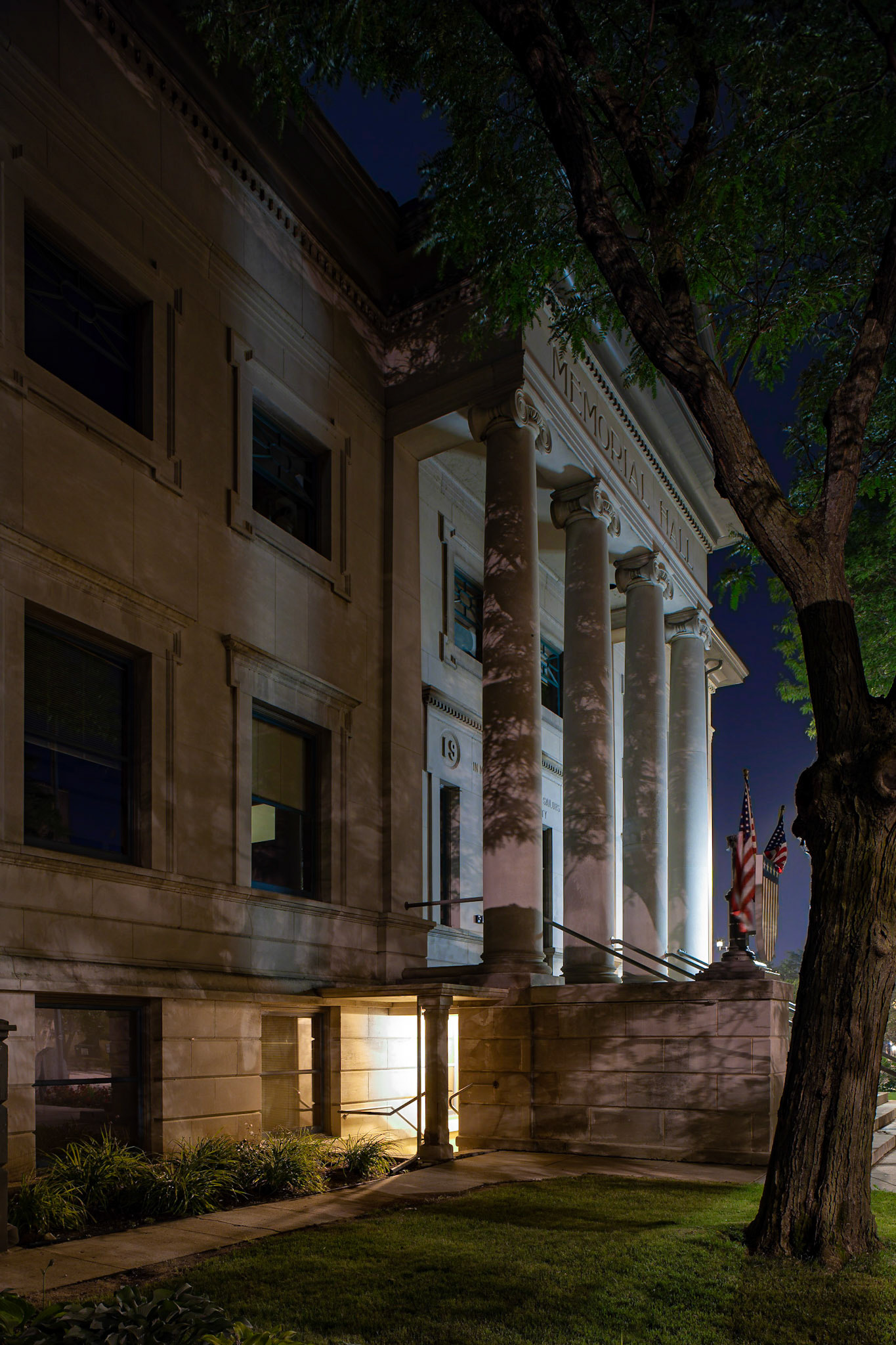 Veterans Memorial Hall at night