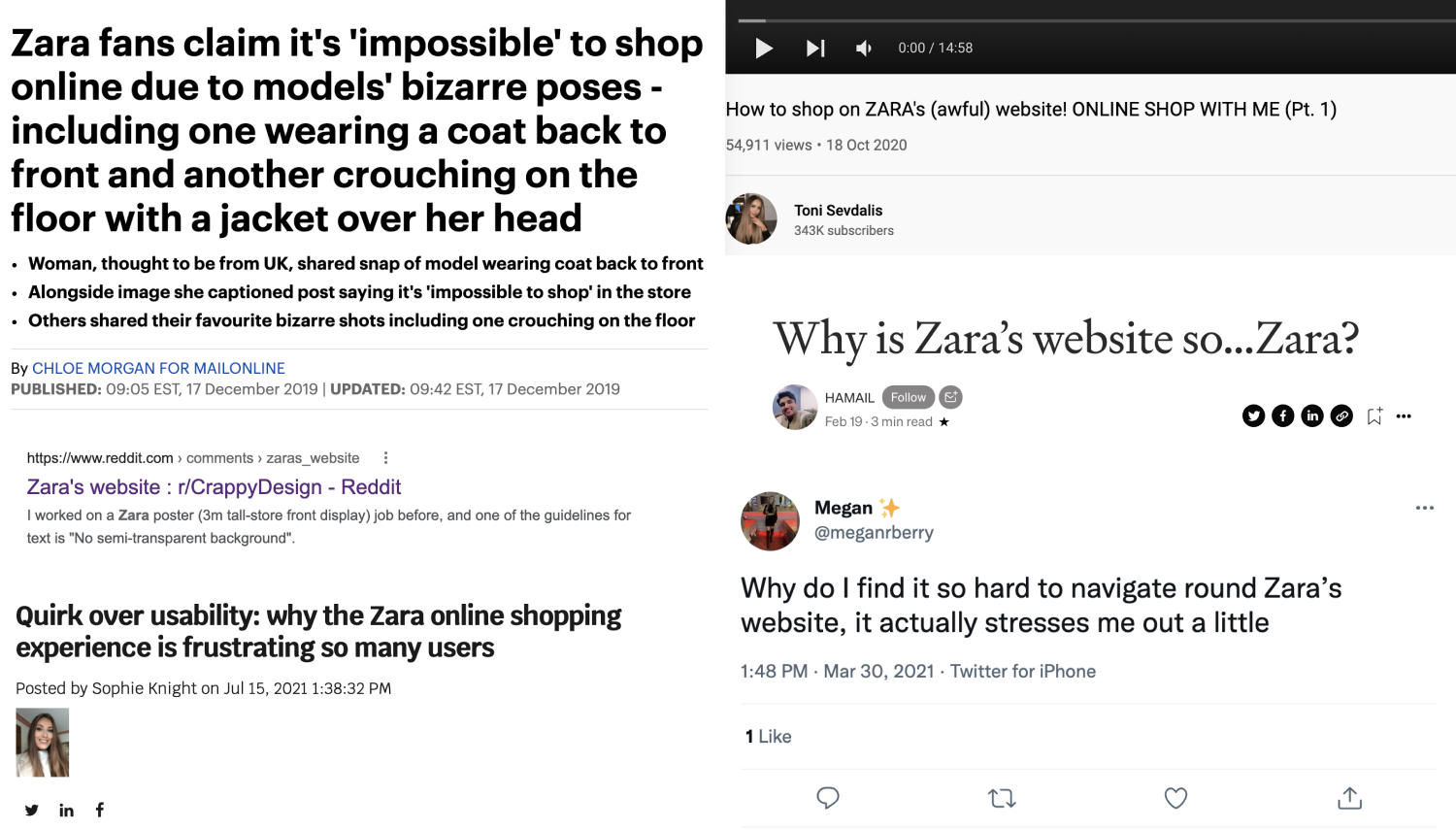 Several images that show quotes of how bizarre and strange zara's web design is.
