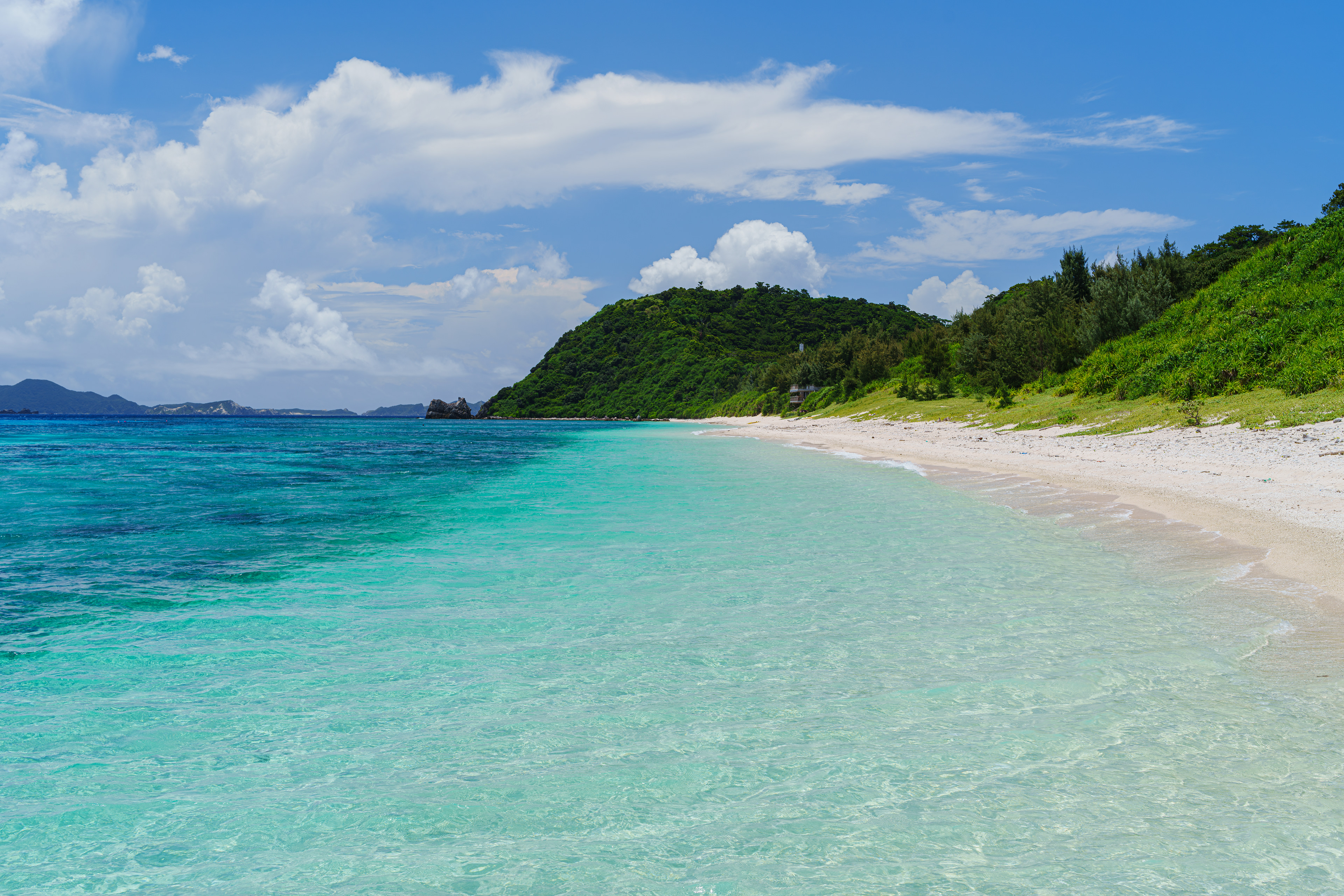 船で渡る事ができる島がたくさんある沖縄。温暖化の影響で残念ながら珊瑚礁が白化現象になっている箇所が多い。それでも水中に潜ると色とりどりの魚や海藻が広がっていた。  07/17/2025  阿嘉島　ニシバマ　
