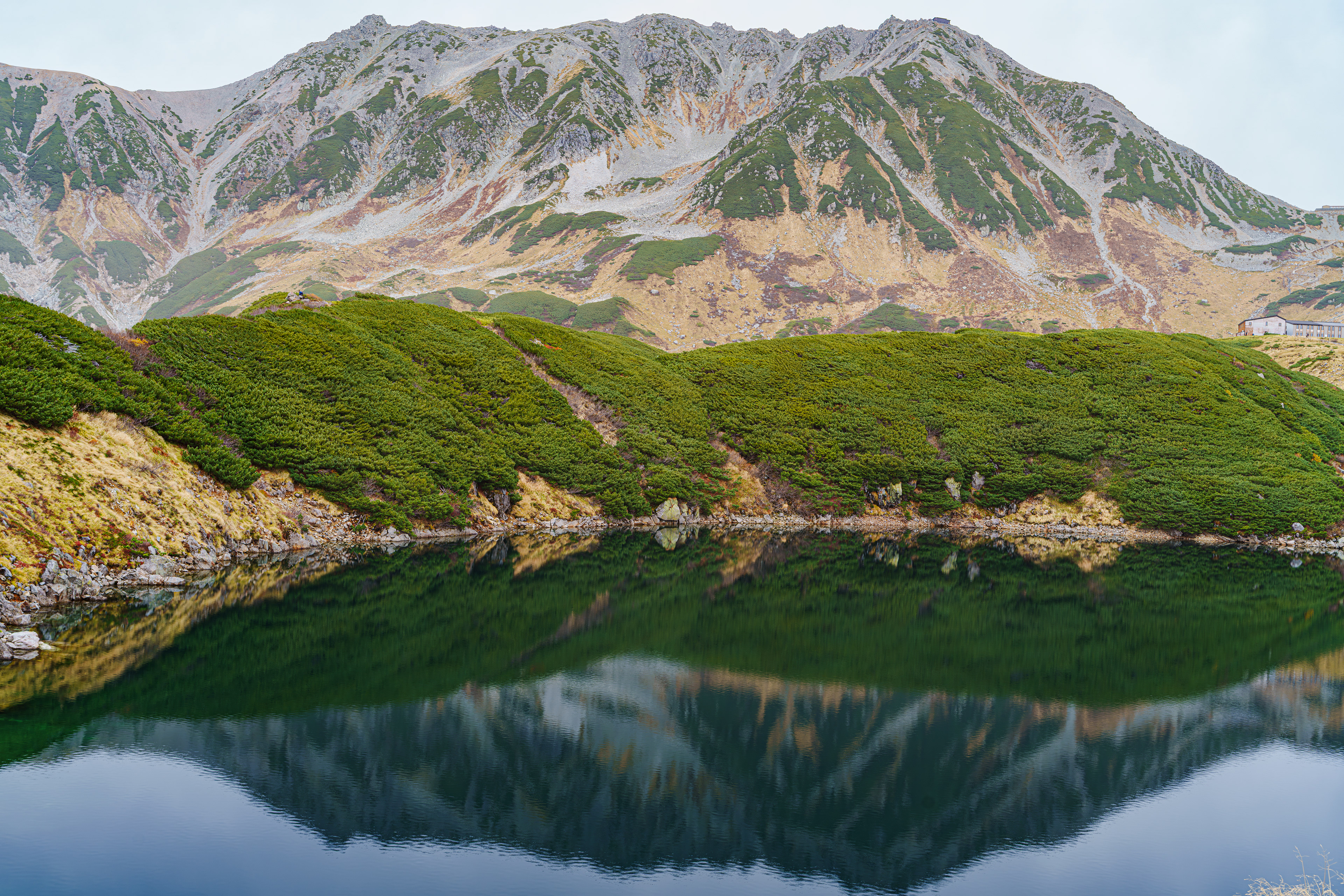 パートナーの足の調子が悪く、6月から縦走やテント泊を自粛していたが僕の誕生日は山で過ごしたいと言ってくれて条件付きで立山に行く事になった。（足の調子が悪くなったらテント泊だけで帰る） 初めての富山側からの北アルプス。ロープウェイとバスを乗り継いで室堂に向かう。2,450mまで交通機関で山に登れるのは楽だ。なので周りは登山ではなく観光客がほとんどだ。到着が10時過ぎ気温は3°と下界とは15°ぐらいの差があった。天気は曇天。トイレを済ませテント場に向かった。道中にあるみくりが池。風が弱く水鏡が綺麗だった。 2025/10/22　立山　みくりが池