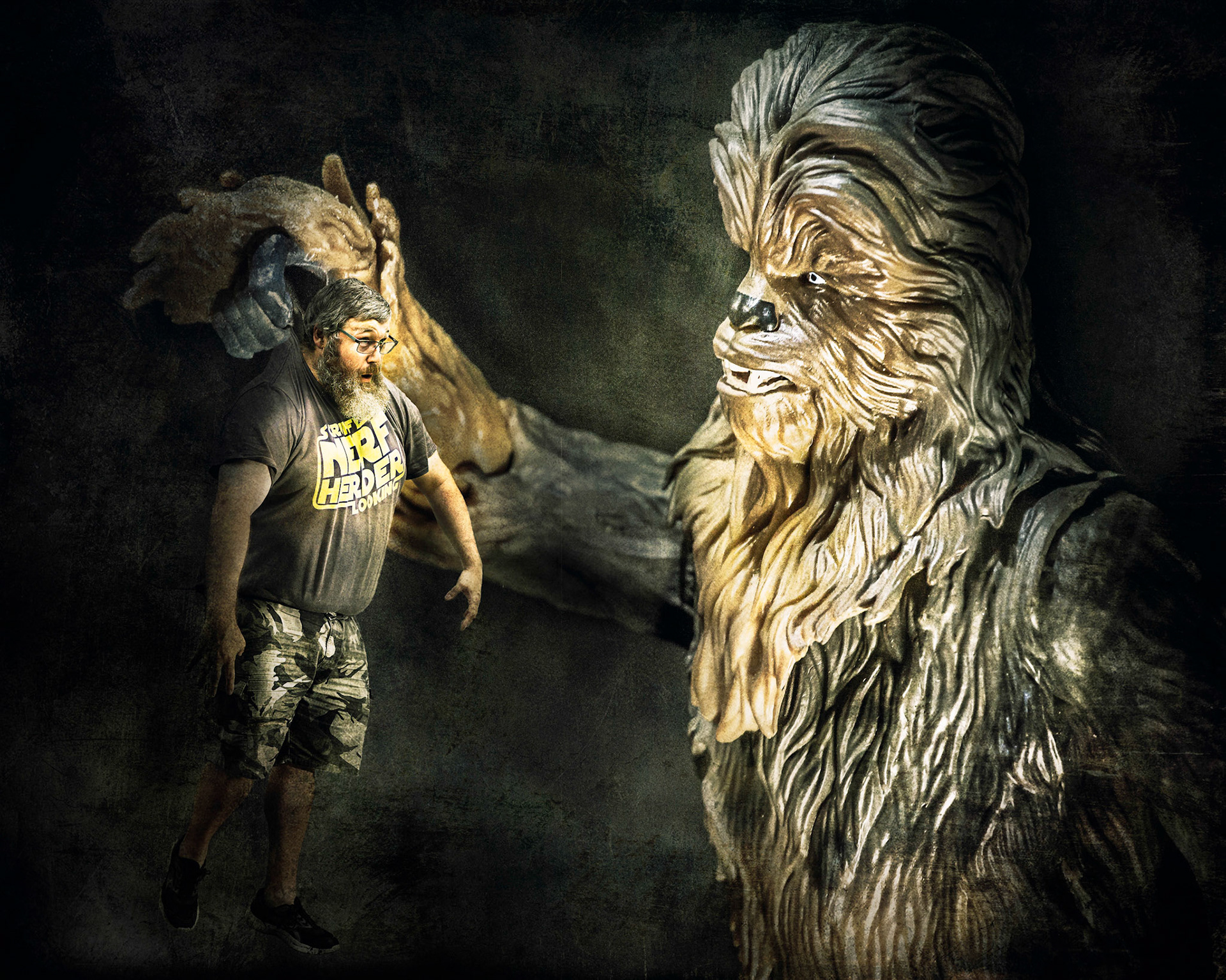 Dave being held up by Chewbacca