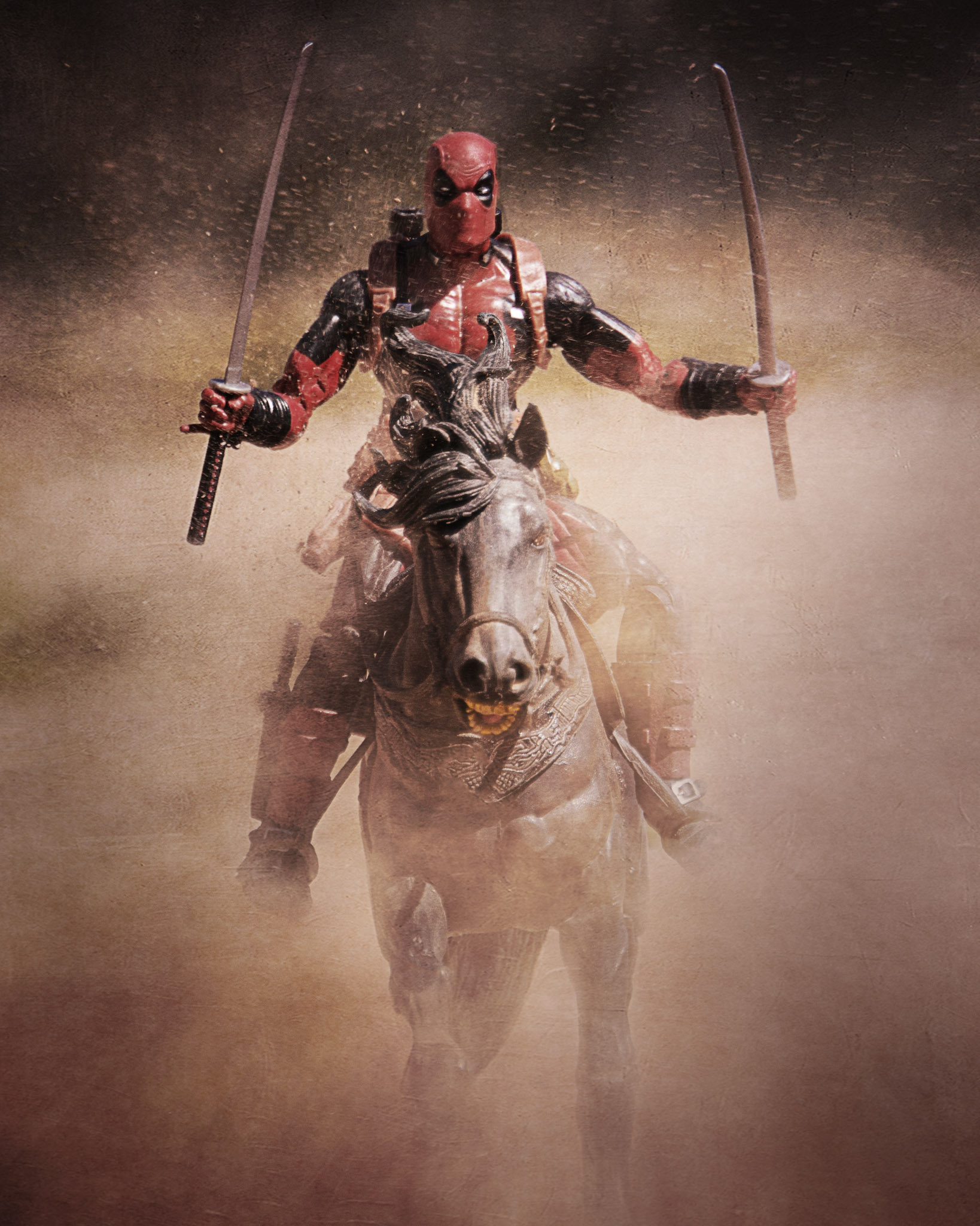 Deadpool charges into action on a horse