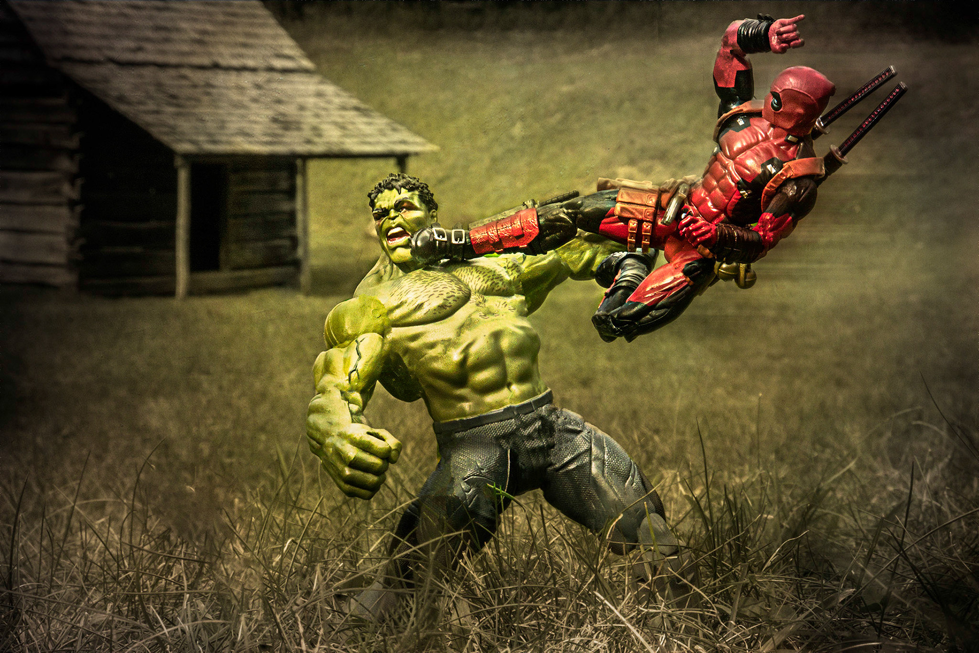 Deadpool gets the drop on the Hulk outside Johns Cabin on the Blue Ridge Parkway