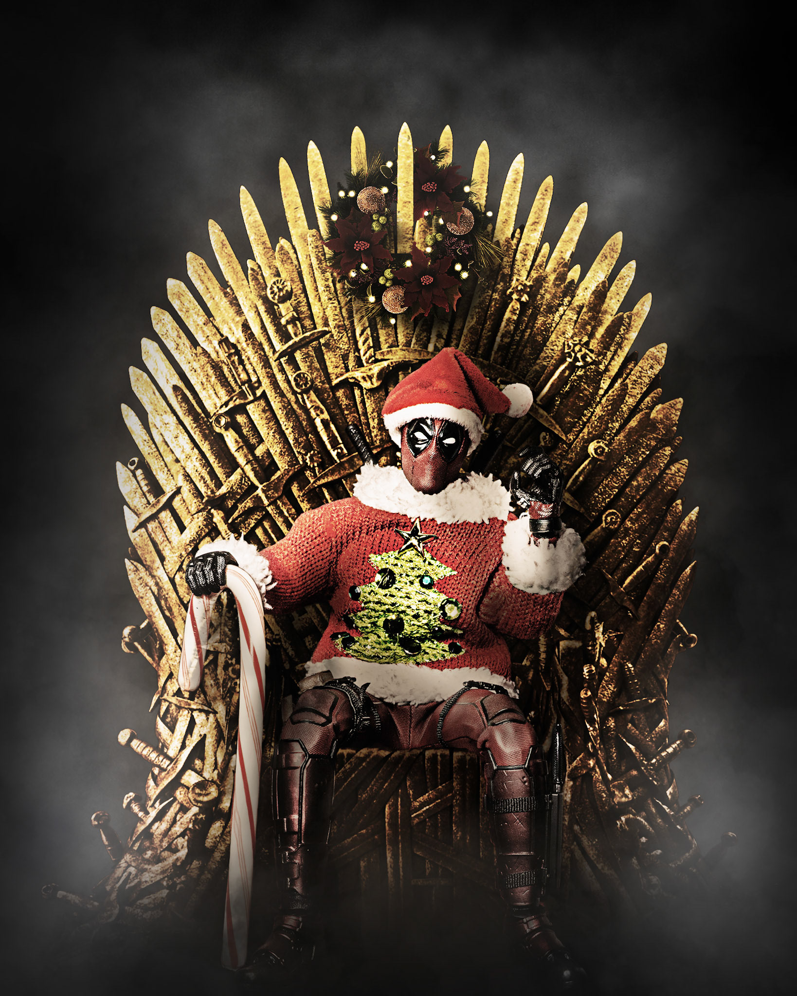 Deadpool in Christmas garb on the Iron Throne