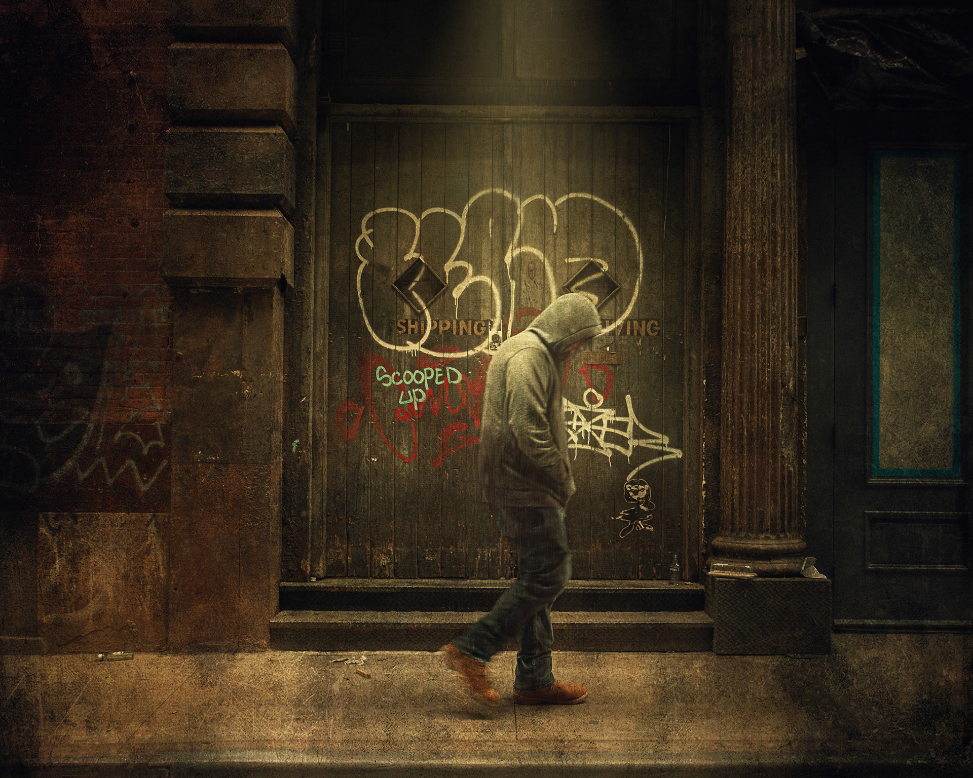 Walking in front of a door in Murder Alley, Manhattan