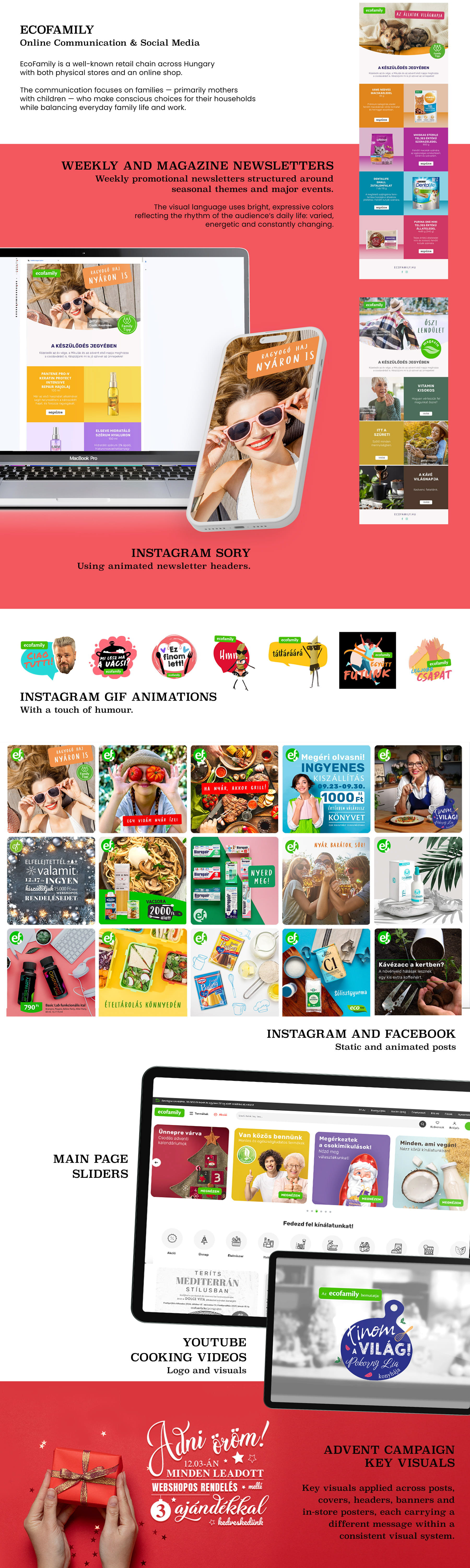 Online communication and social media visual system for EcoFamily retail chain including newsletters, Instagram posts, animated content, website sliders and seasonal campaign visuals.  Online kommunikációs és közösségi média vizuális rendszer az EcoFamily kiskereskedelmi márka számára, hírlevelekkel, Instagram-posztokkal, animációkkal, weboldal-sliderekkel és szezonális kampányvizuálokkal.
