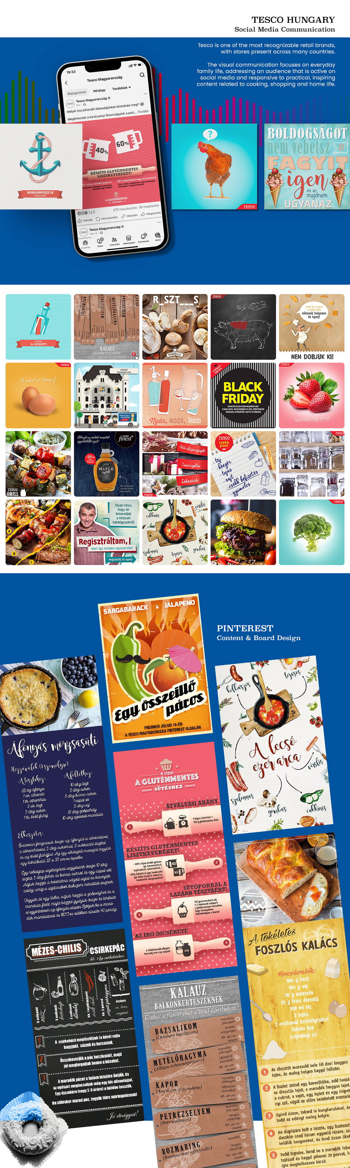 Social media visual communication system for Tesco Hungary including campaign graphics, illustrated posts, product communication and Pinterest content.  Közösségi média vizuális kommunikáció a Tesco Magyarország számára, kampánygrafikákkal, illusztrált posztokkal, termékkommunikációval és Pinterest tartalmakkal.