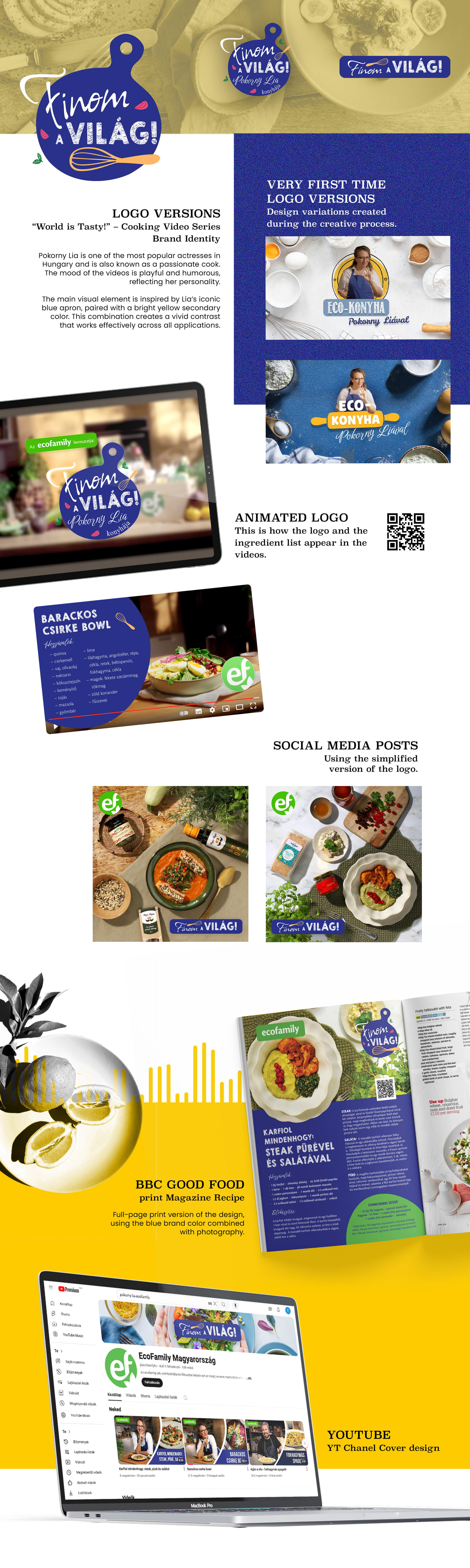Visual identity and logo design for the cooking video series “Finom a Világ!”, including animated logo, social media visuals, recipe graphics and editorial layouts.  Arculattervezés és logódesign a „Finom a Világ!” főzős videósorozathoz, animált logóval, közösségi média grafikákkal, receptvizuálokkal és szerkesztőségi megjelenésekkel.