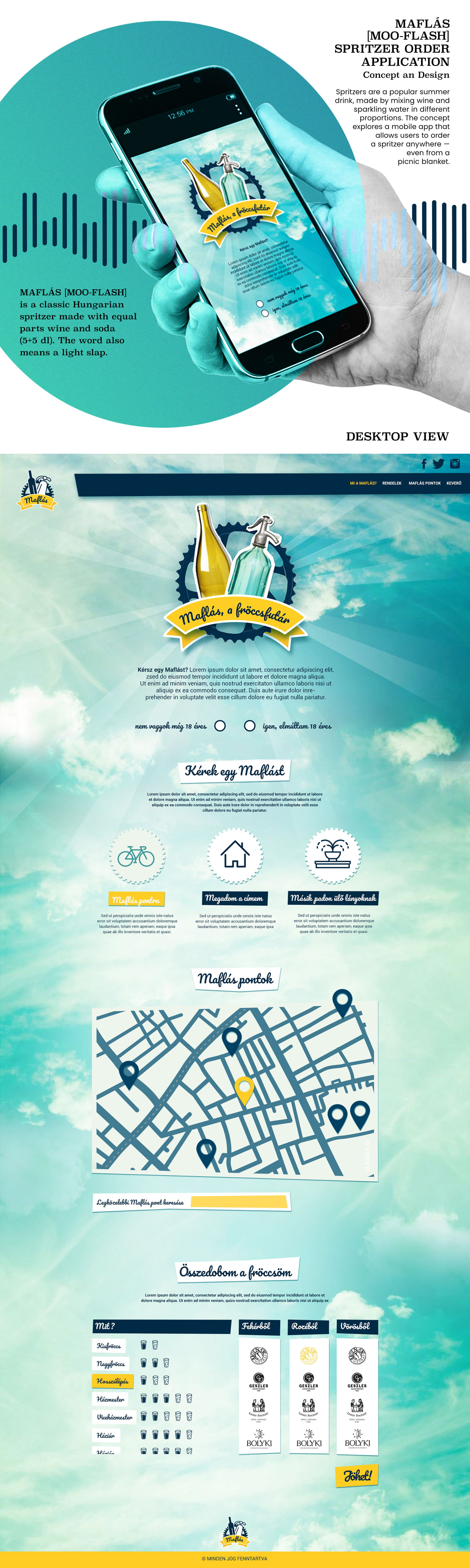Mobile app concept and interface design for a spritzer ordering service including UI screens, desktop interface and brand identity elements.  Mobilalkalmazás-koncepció és interfészdesign fröccsrendelő szolgáltatáshoz, mobil UI képernyőkkel, desktop felülettel és arculati elemekkel.