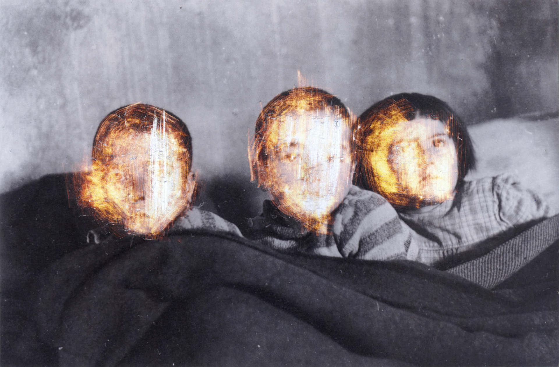 Children, 2015, scratched photo, 15x23 cm. Based on a photo from Elsa Lüthi-Ruth archive